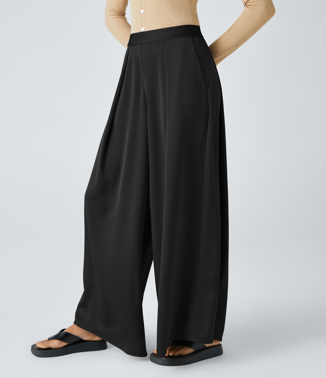 Halara High Waisted Plicated Invisible Zipper Side Pocket Wide Leg Satin-Like Casual Pants  - Black - S(regular) sweatpants jogger pants 