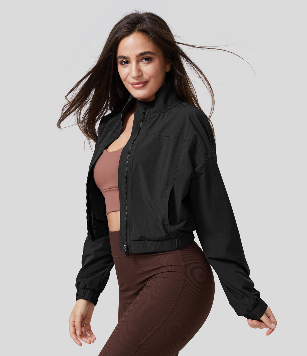 

Halara Stand Collar Zipper Side Pocket Mesh Hiking Jacket - Black