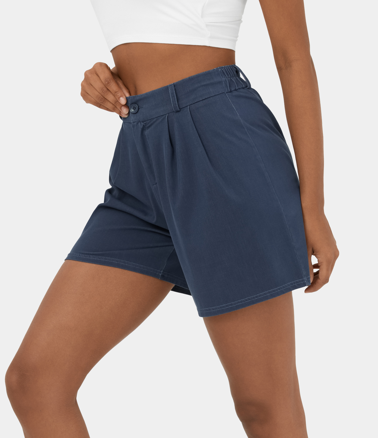 Halara High Waisted Button Zipper Plain Casual Shorts 6``  - Denim Indigo - L 