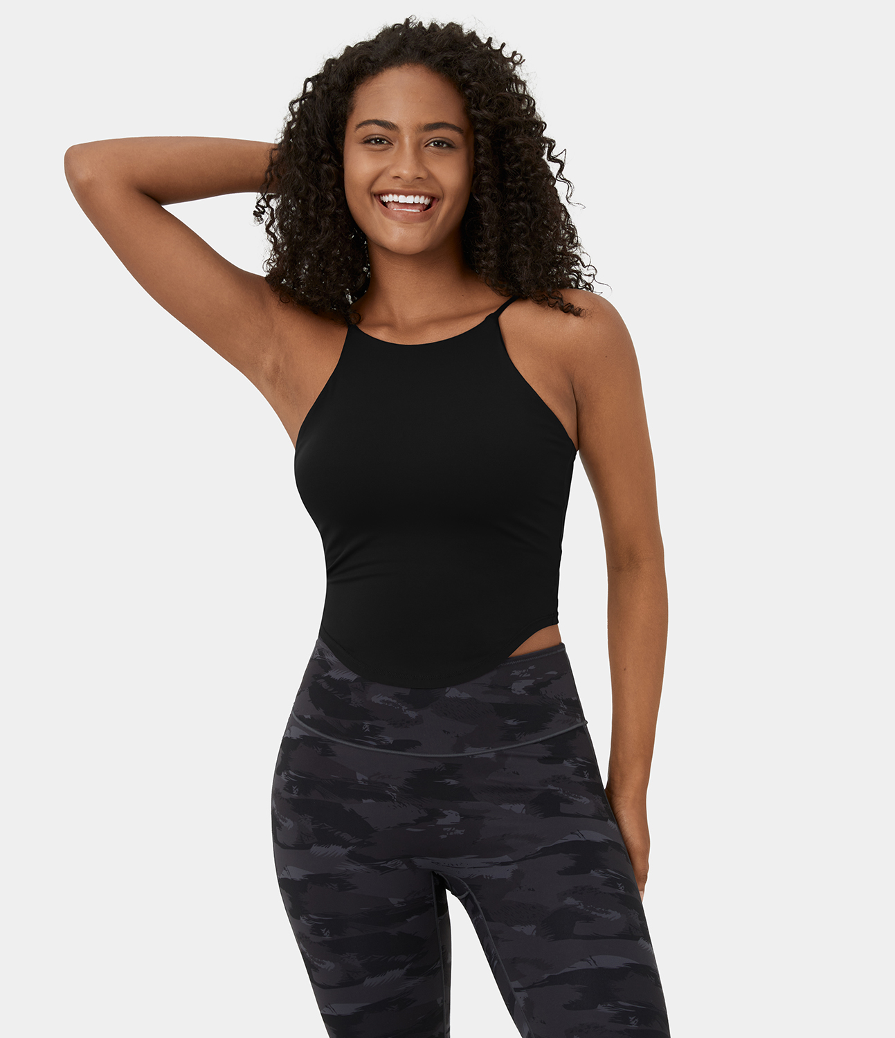 Halara Softlyzeroв„ў Plush Spaghetti Strap Backless Curved Hem Cropped Casual Tank Top Tank Top - Black - XS golf tops halter top tunic tops 