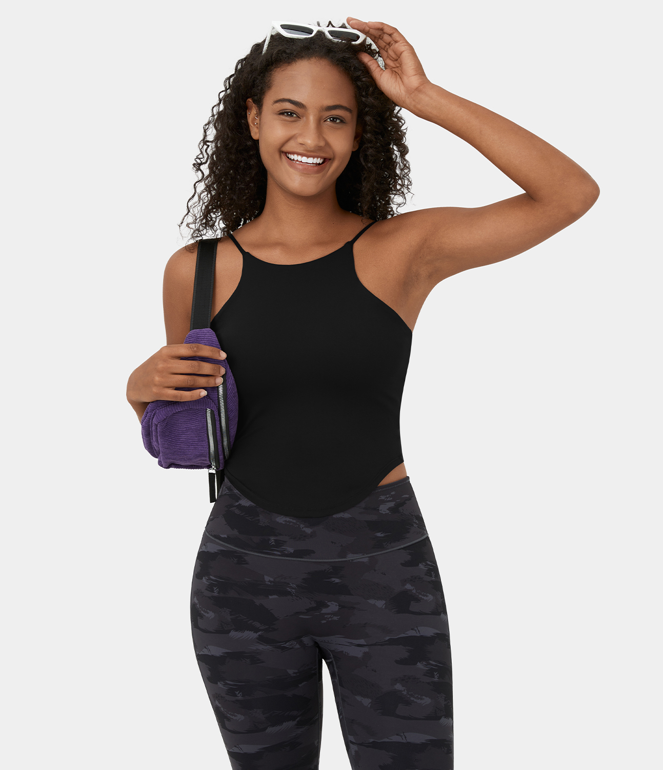 Halara Softlyzeroв„ў Plush Spaghetti Strap Backless Curved Hem Cropped Casual Tank Top Tank Top - Black - XS golf tops halter top tunic tops 