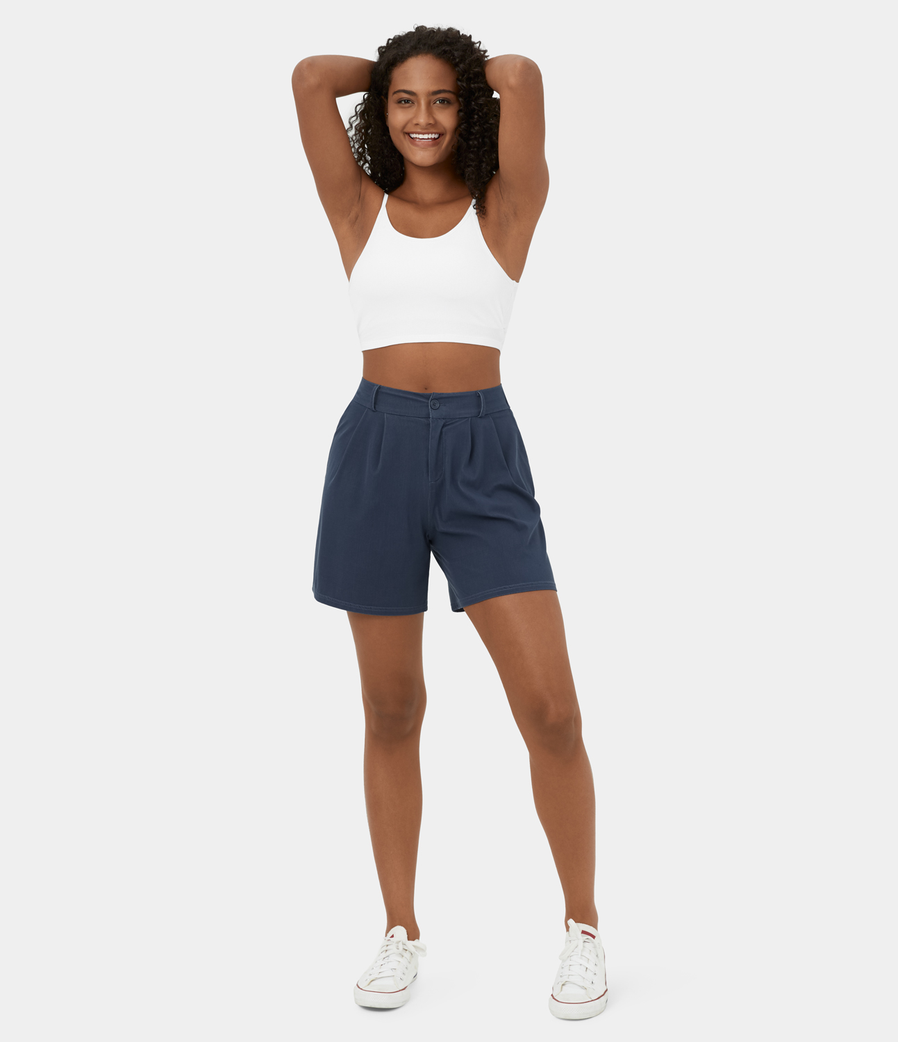Halara High Waisted Button Zipper Plain Casual Shorts 6``  - Denim Indigo - L 