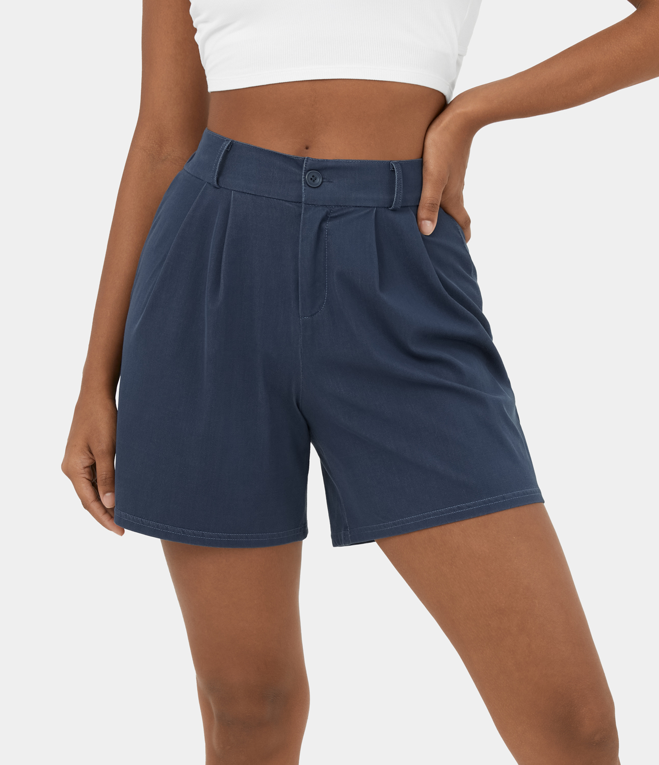 Halara High Waisted Button Zipper Plain Casual Shorts 6``  - Denim Indigo - L 