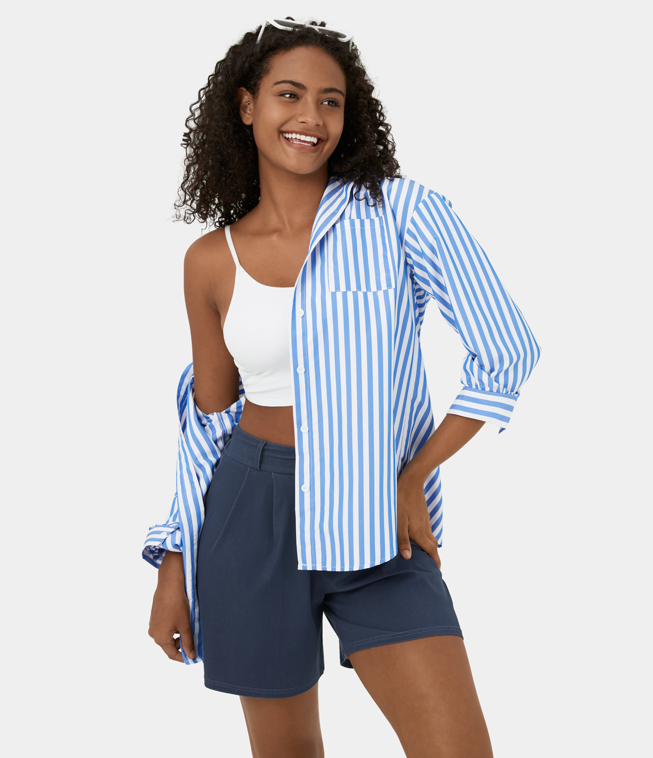 Halara High Waisted Button Zipper Plain Casual Shorts 6``  - Denim Indigo - L 