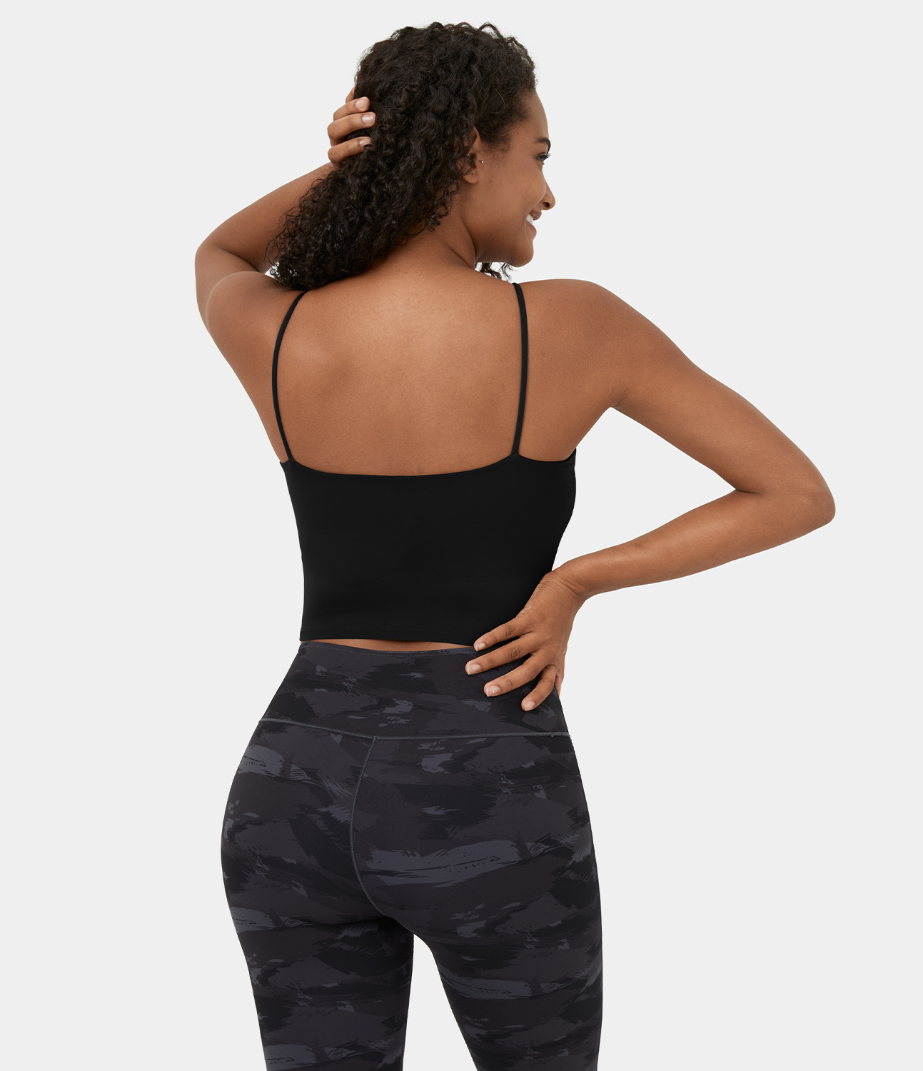 Halara Softlyzeroв„ў Plush Spaghetti Strap Backless Curved Hem Cropped Casual Tank Top Tank Top - Black - XS golf tops halter top tunic tops 