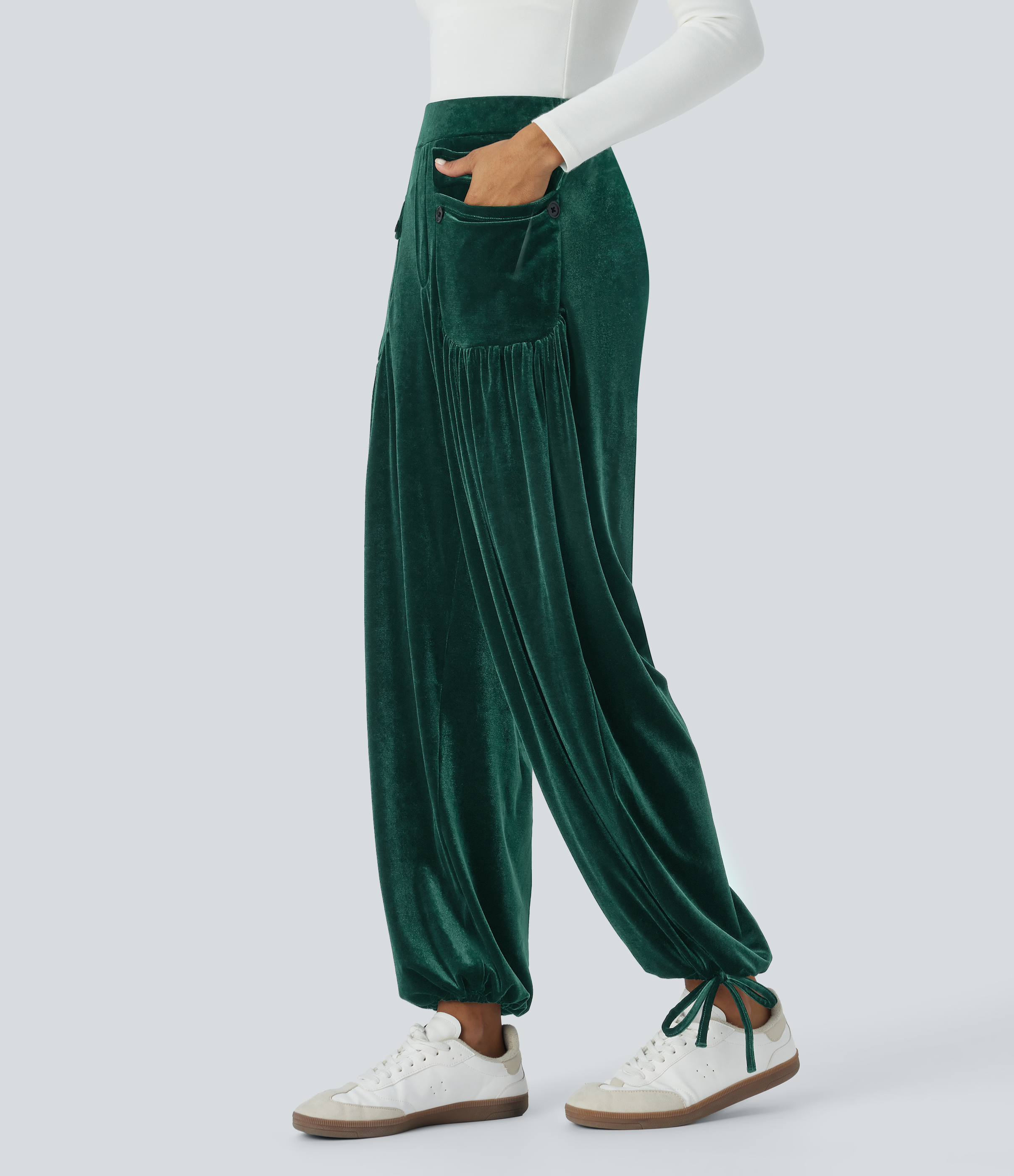 Halara High Waisted Front Side Pocket Plicated Adjustable Hem Velvet Casual Joggers  - Rain Forest - L(regular) 