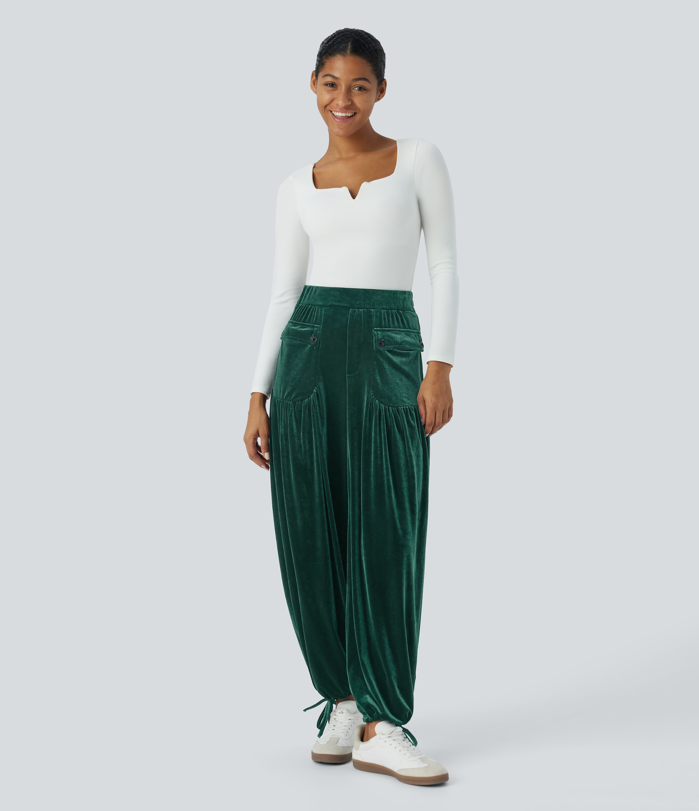 Halara High Waisted Front Side Pocket Plicated Adjustable Hem Velvet Casual Joggers  - Rain Forest - L(regular) 