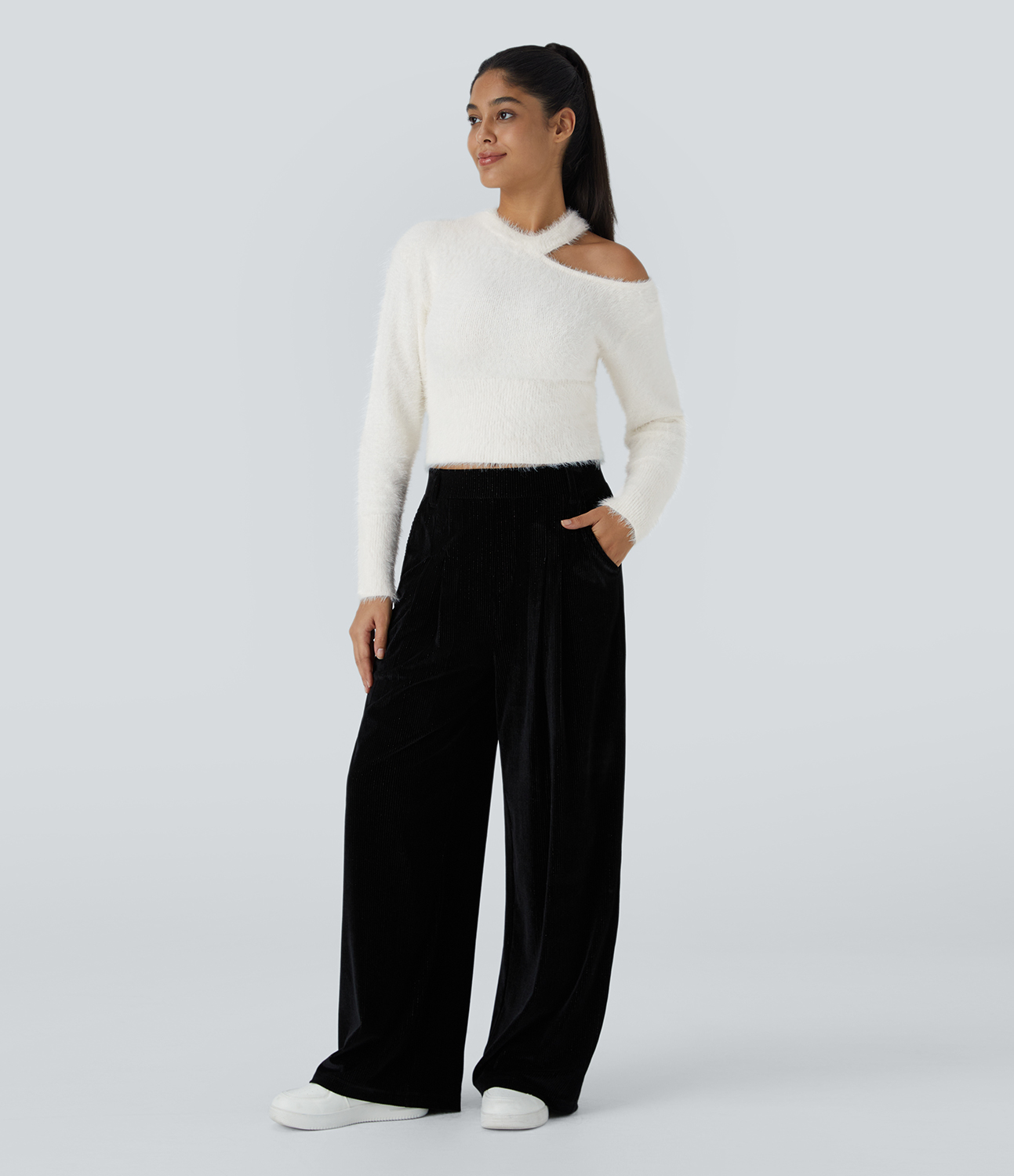 Halara Round Neck Off Shoulder Long Sleeve Casual Sweater  - White - M 