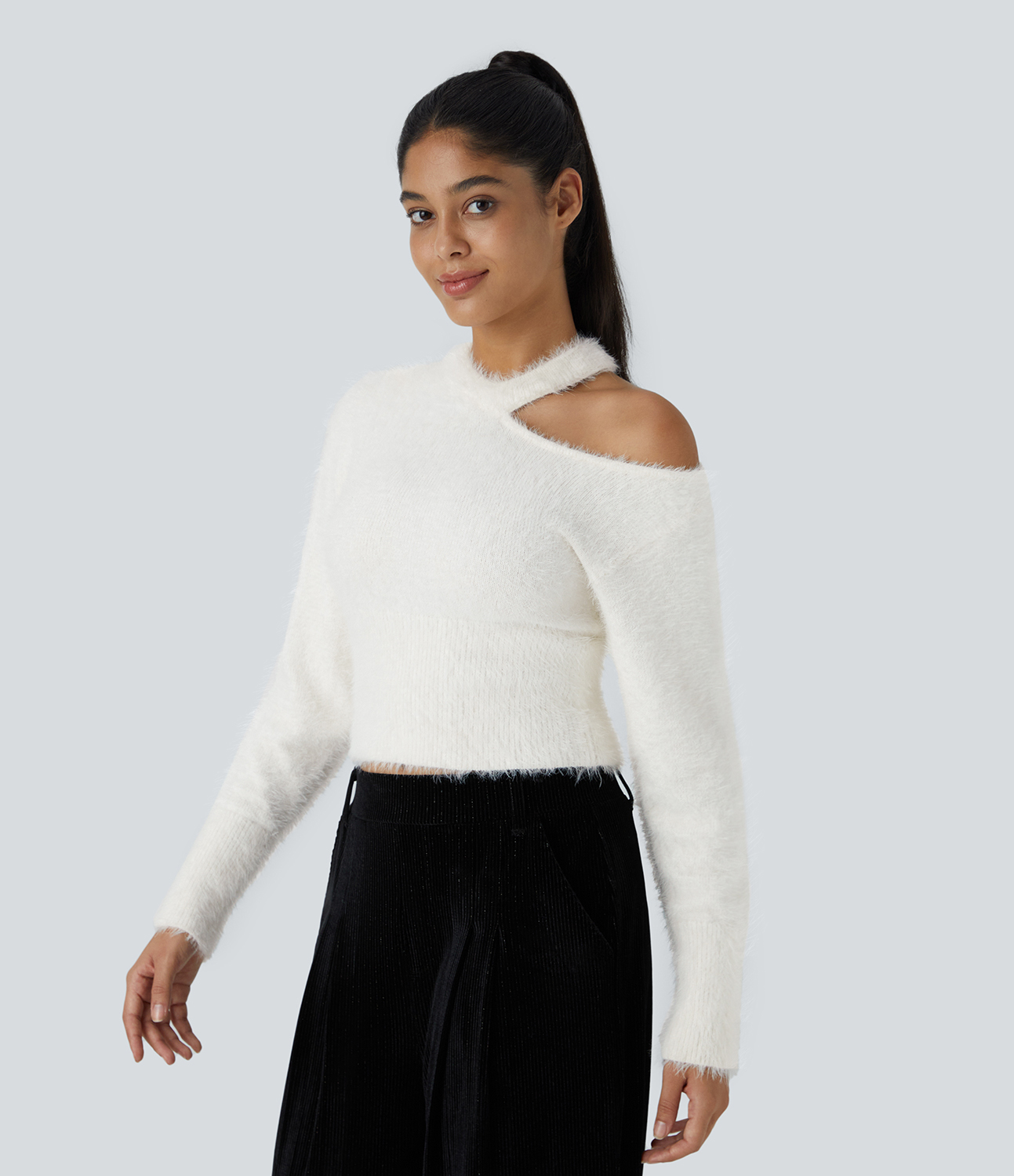 Halara Round Neck Off Shoulder Long Sleeve Casual Sweater  - White - M 