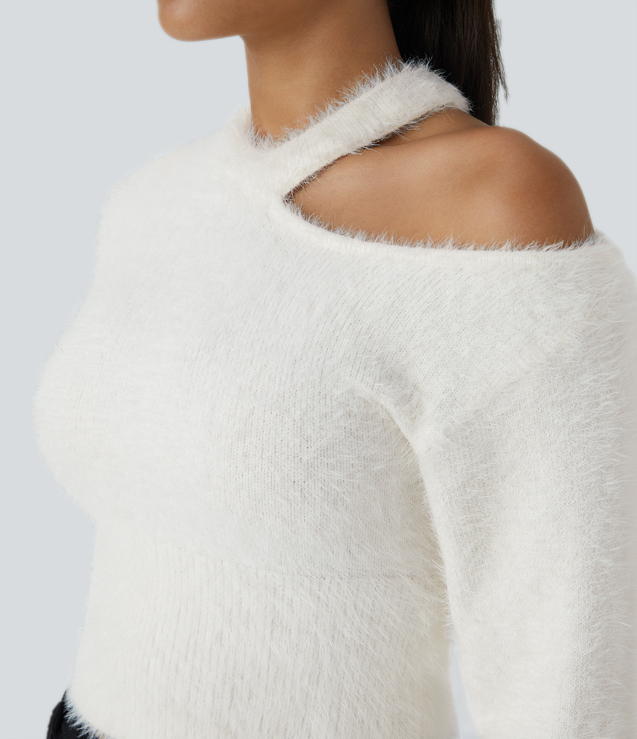 Halara Round Neck Off Shoulder Long Sleeve Casual Sweater  - White - M 