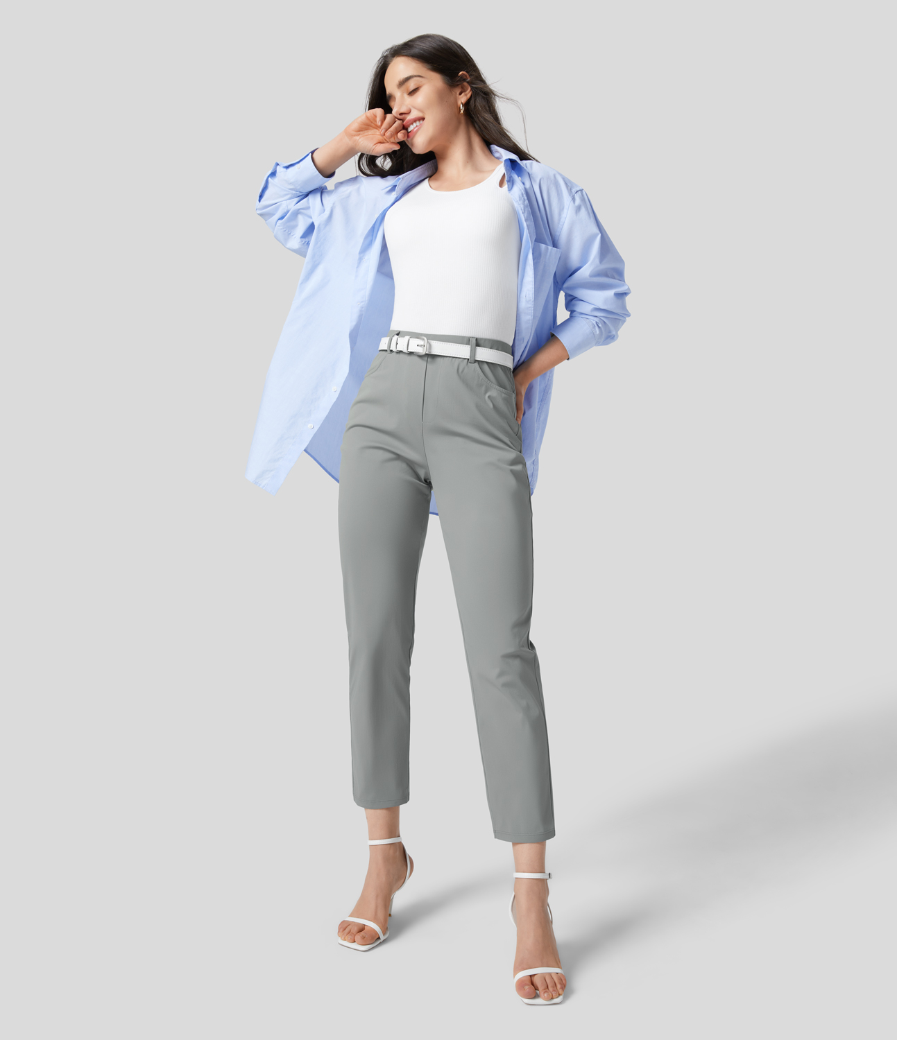 Halara High Waisted Multiple Pockets Work Tapered Pants  - Mirage Gray - L(regular) sweatpants jogger pants stacked sweatpants cargo joggers 