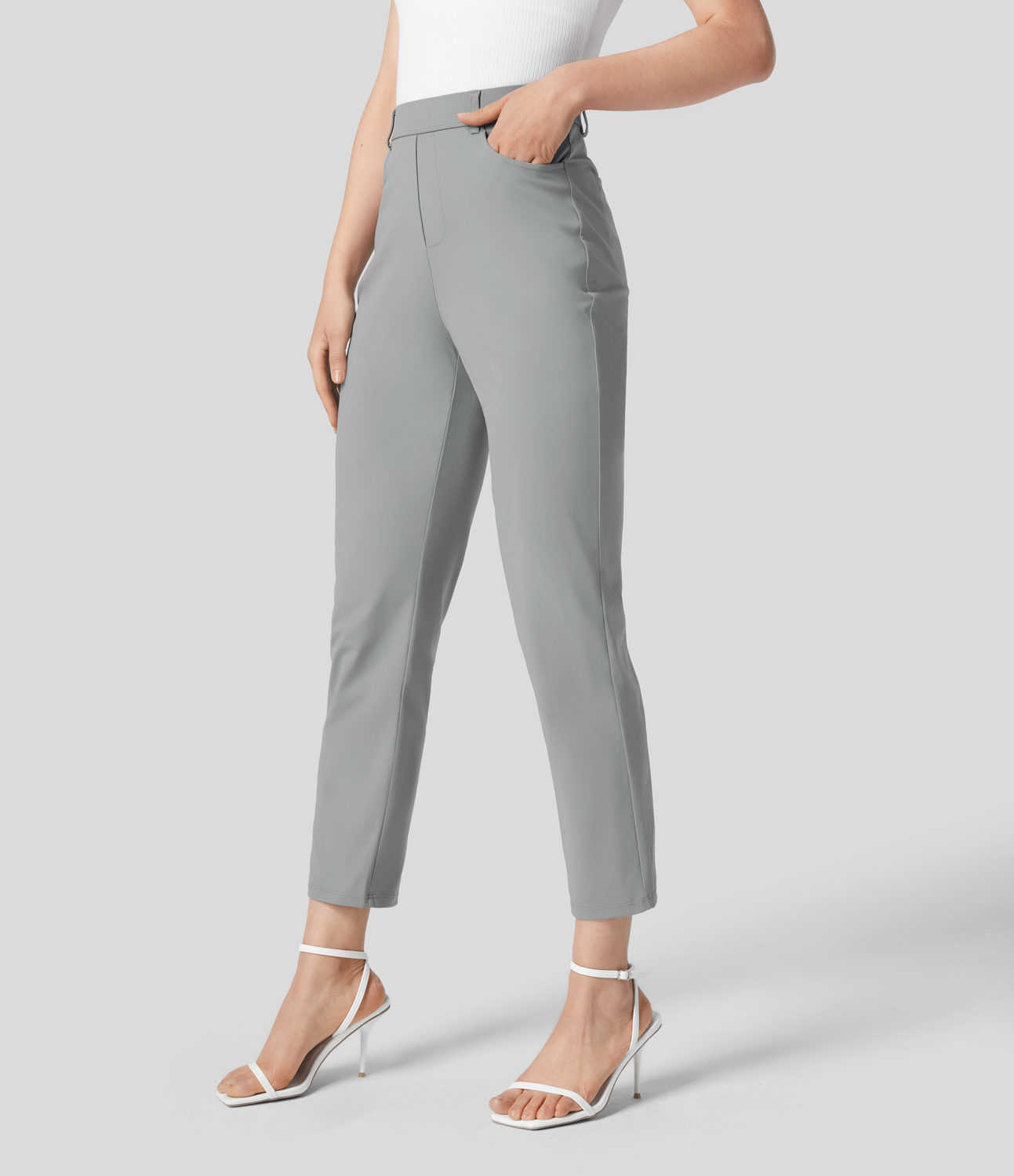 Halara High Waisted Multiple Pockets Work Tapered Pants  - Mirage Gray - L(regular) sweatpants jogger pants stacked sweatpants cargo joggers 