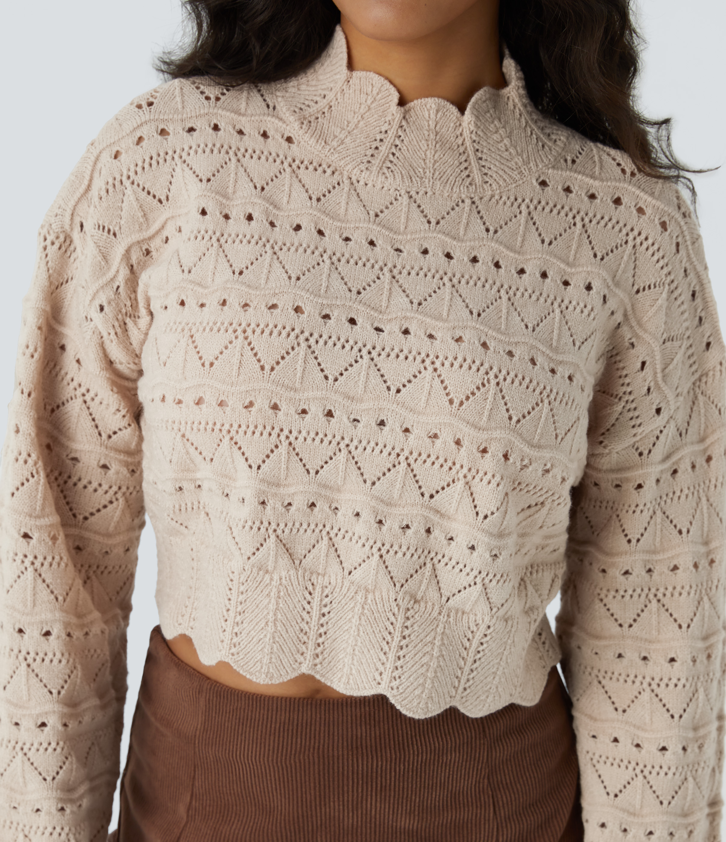 Halara Mock Neck Bishop Sleeve Scallop Hem Open Knit Casual Sweater  - Pumice Stone - M 