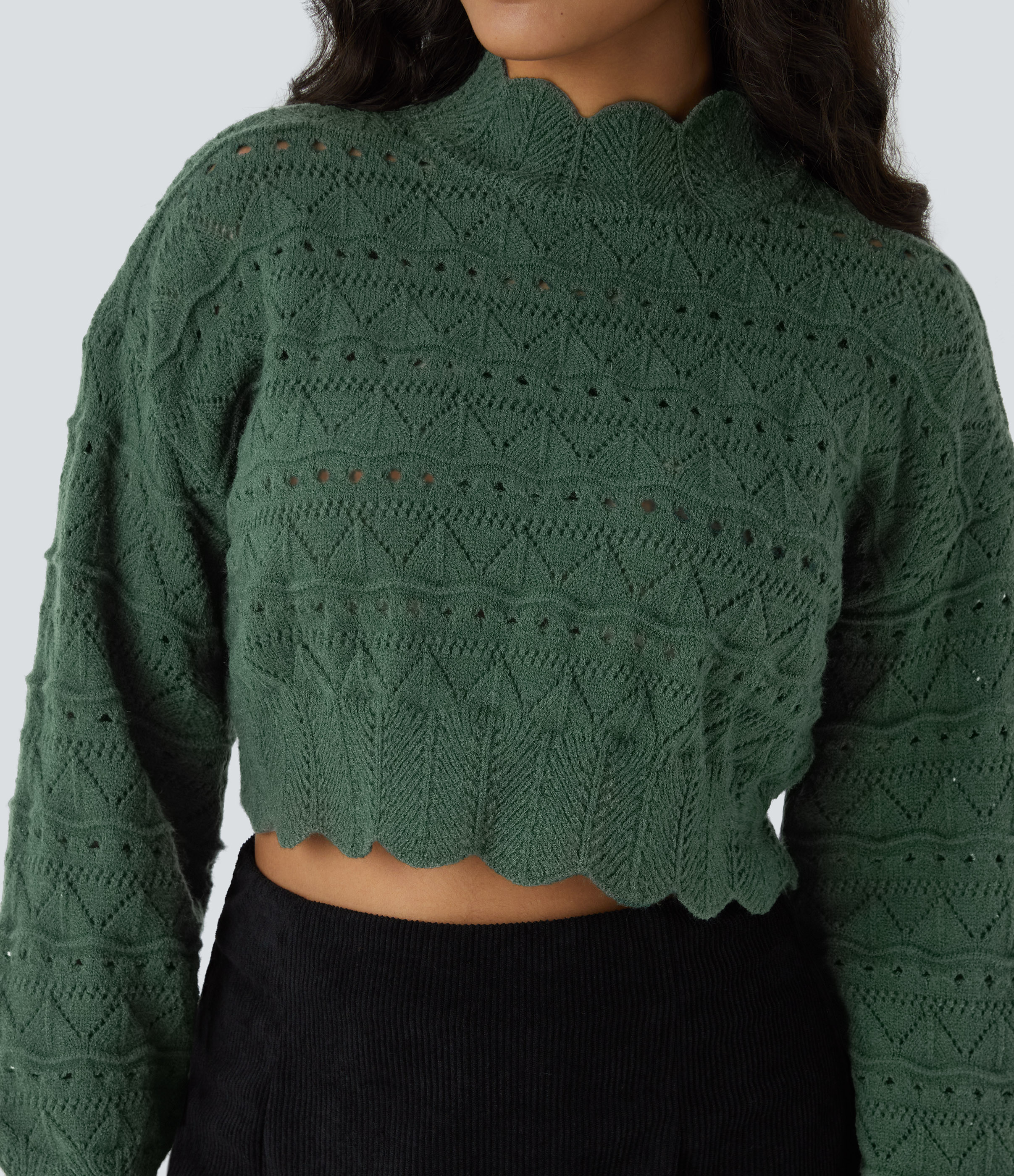 Halara Mock Neck Bishop Sleeve Scallop Hem Open Knit Casual Sweater  - Cilantro - XL 