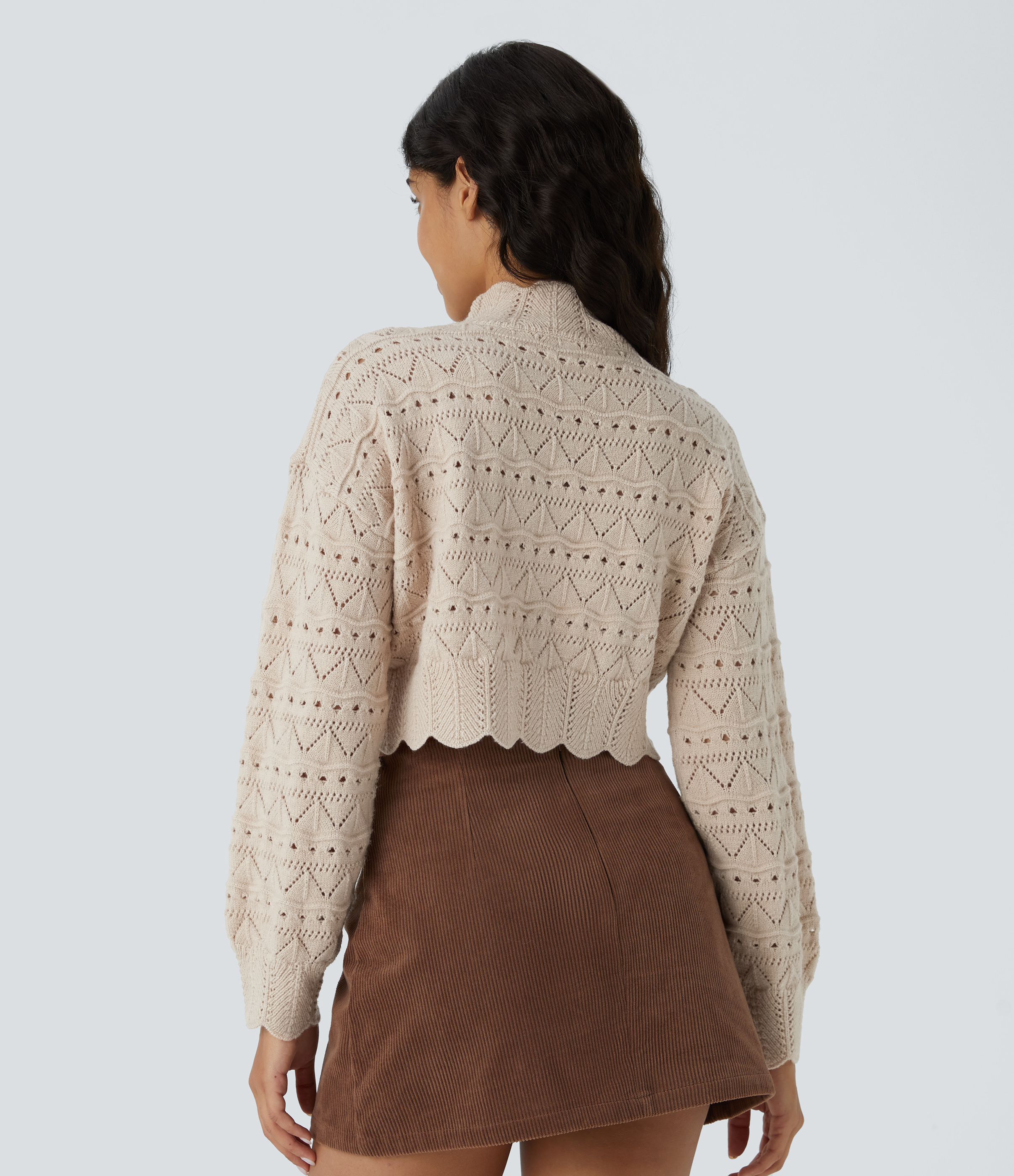 Halara Mock Neck Bishop Sleeve Scallop Hem Open Knit Casual Sweater  - Pumice Stone - M 