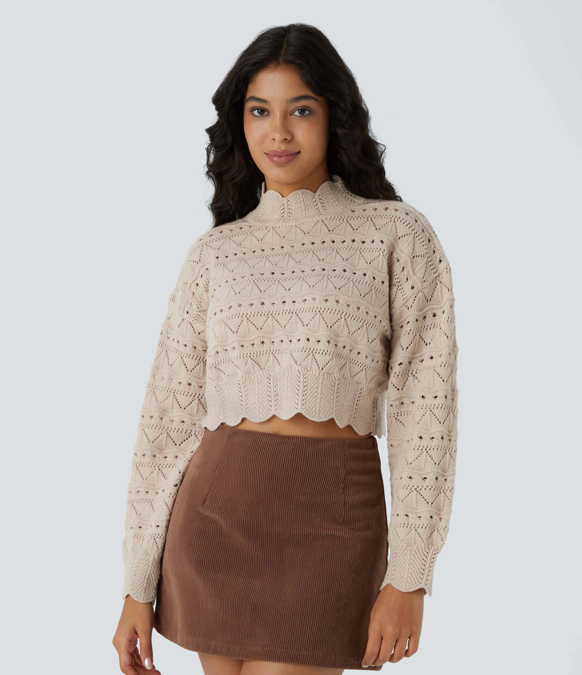 Halara Mock Neck Bishop Sleeve Scallop Hem Open Knit Casual Sweater  - Pumice Stone - M 