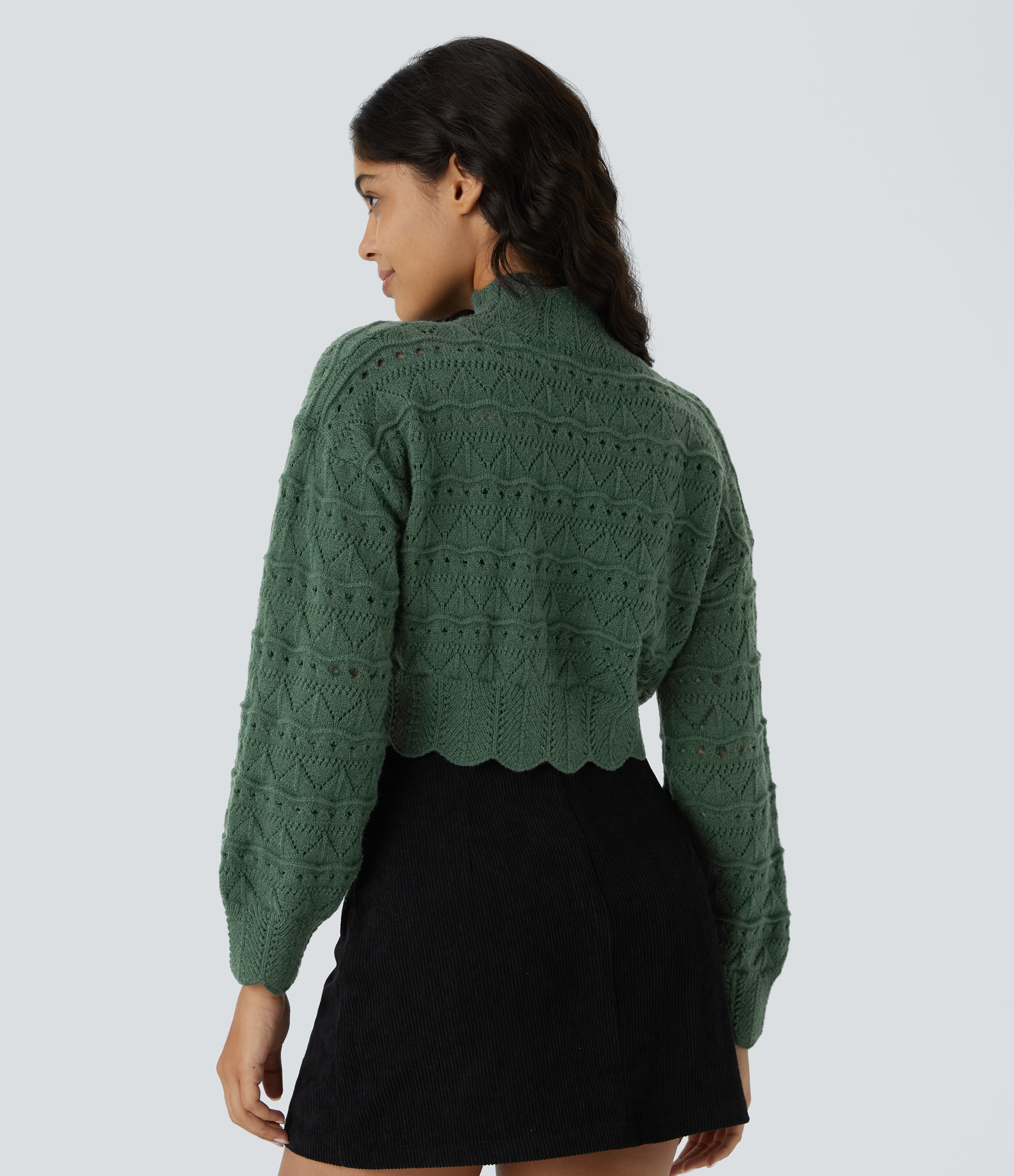 Halara Mock Neck Bishop Sleeve Scallop Hem Open Knit Casual Sweater  - Cilantro - XL 