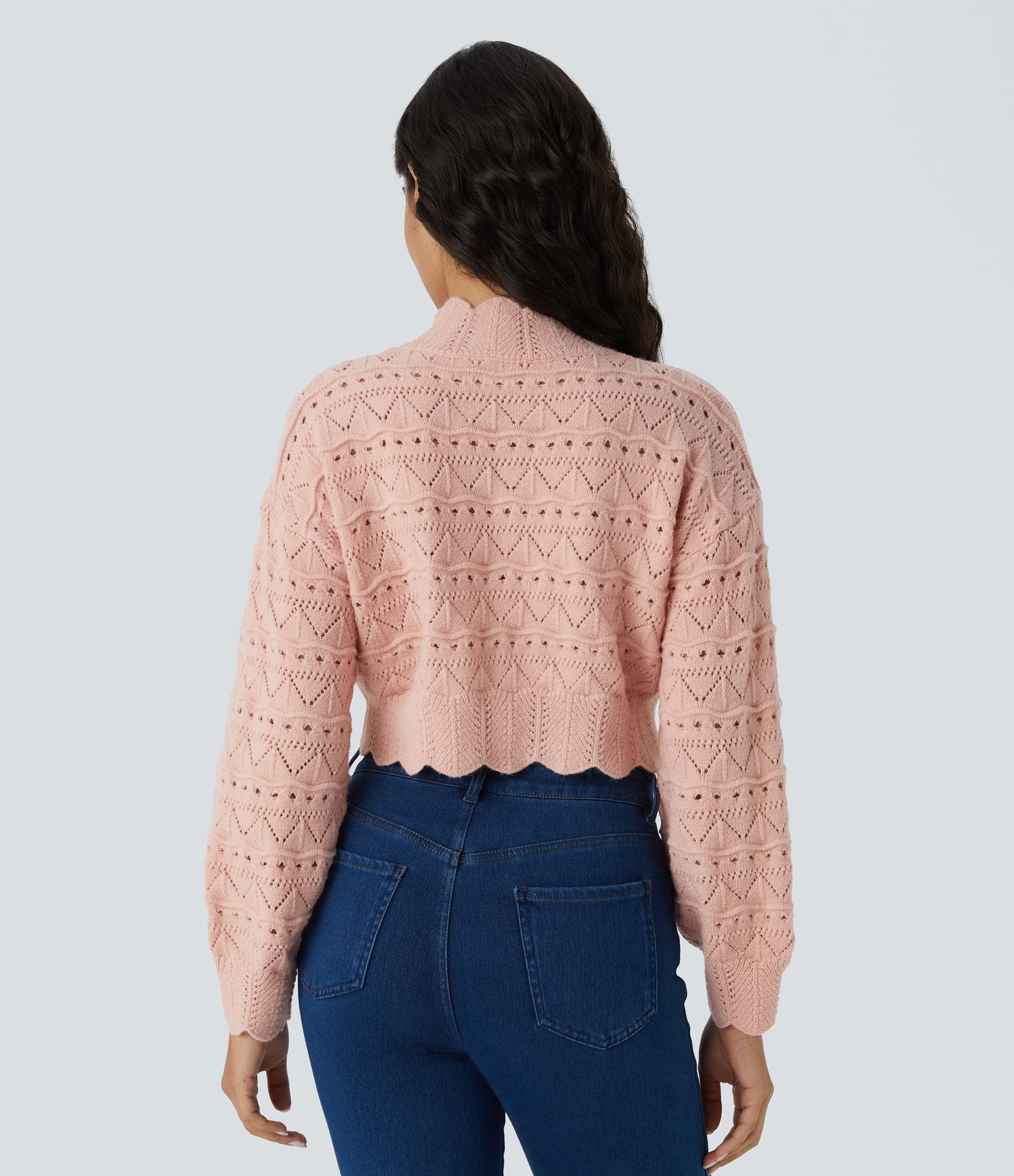 Halara Mock Neck Bishop Sleeve Scallop Hem Open Knit Casual Sweater  - Evening Sand - XS 