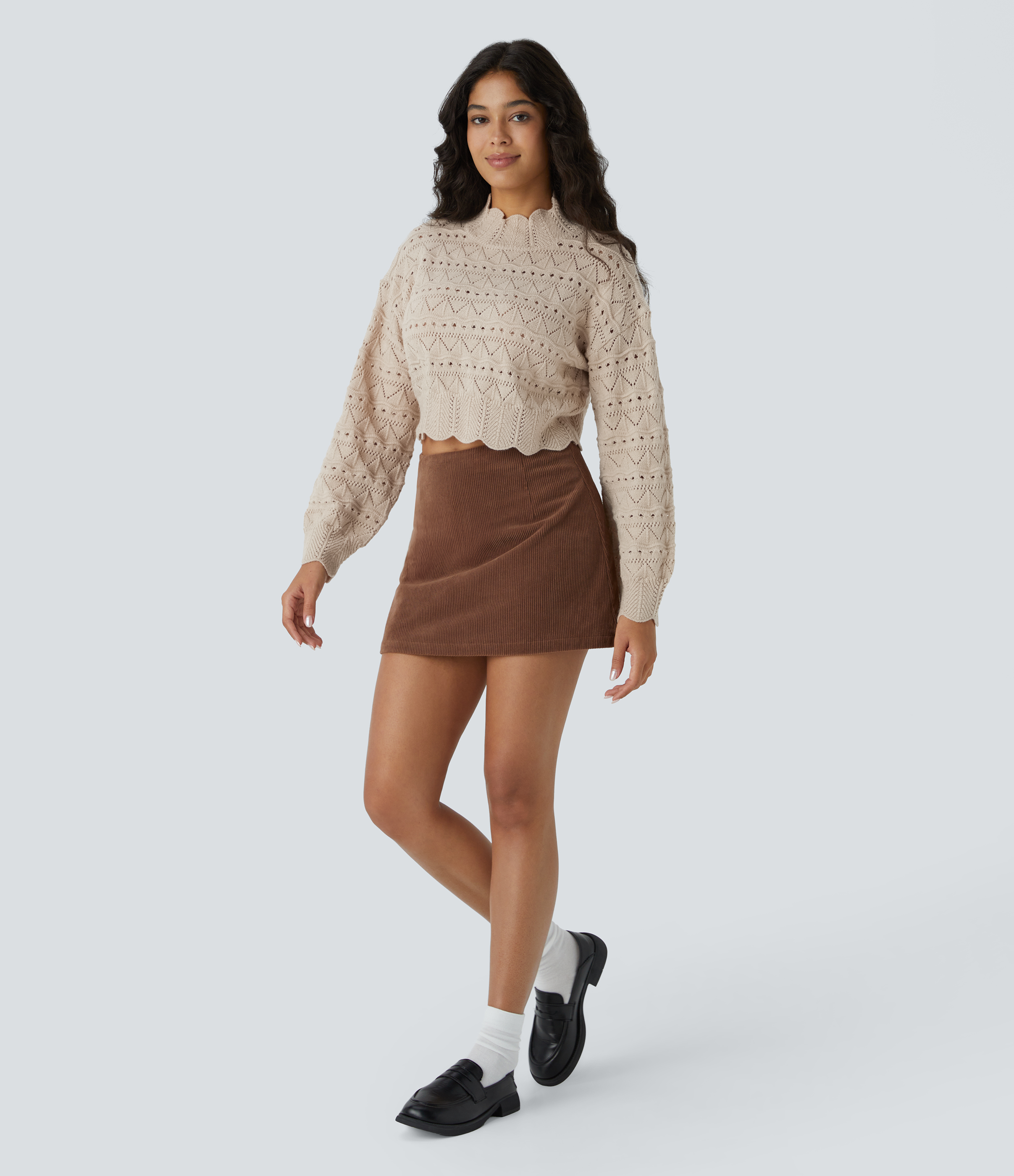 Halara Mock Neck Bishop Sleeve Scallop Hem Open Knit Casual Sweater  - Pumice Stone - M 