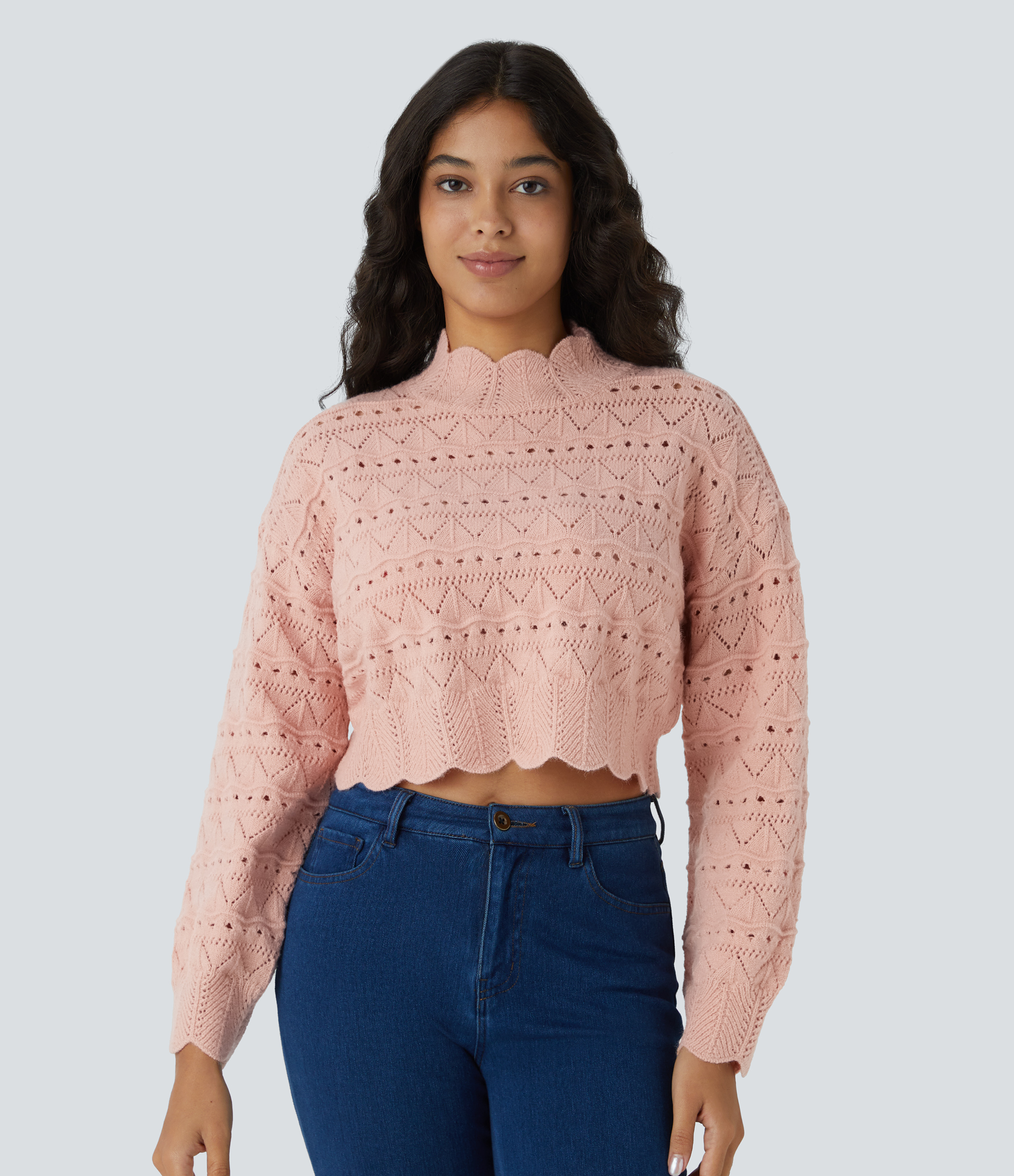 Halara Mock Neck Bishop Sleeve Scallop Hem Open Knit Casual Sweater  - Evening Sand - XS 