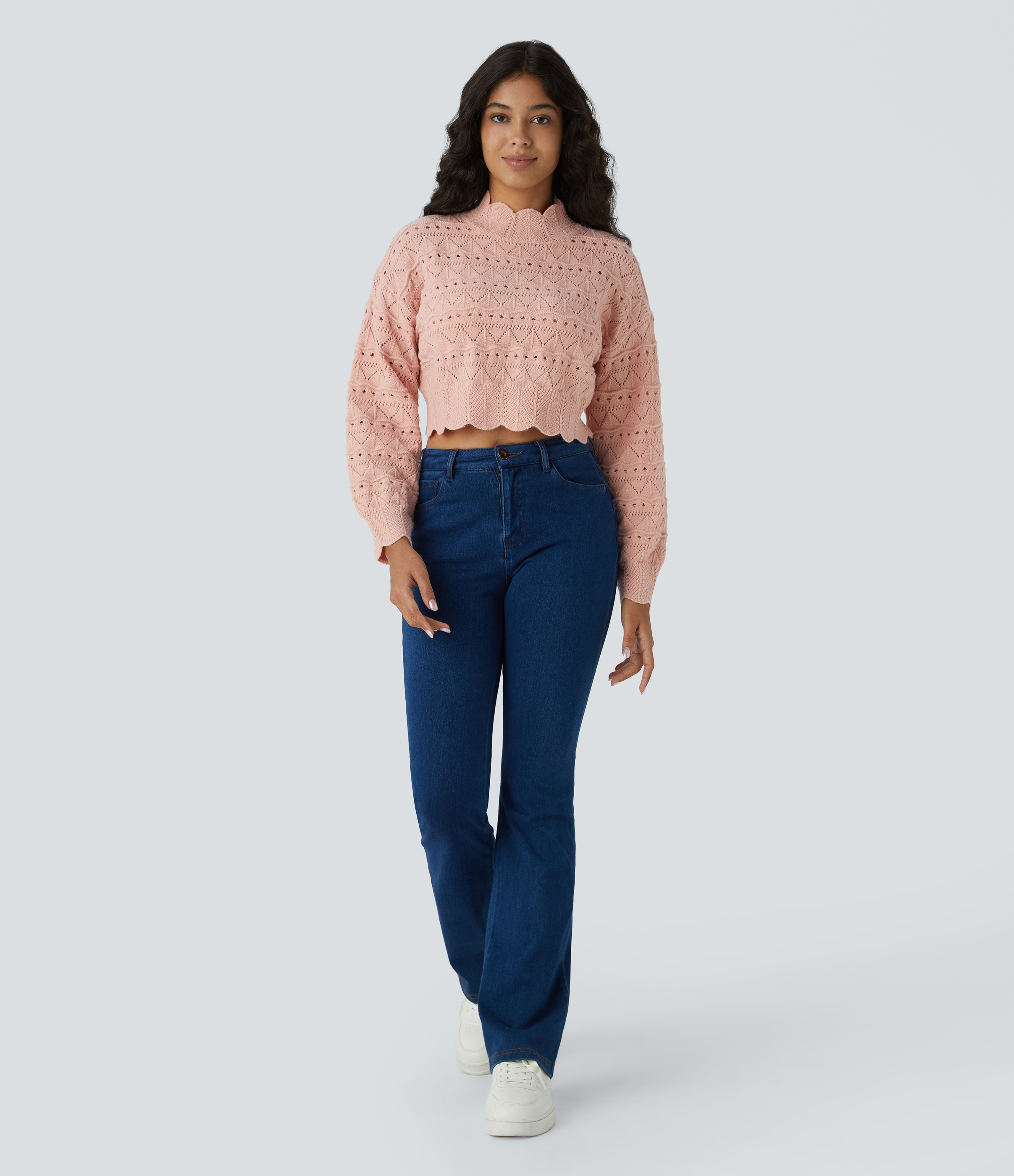 Halara Mock Neck Bishop Sleeve Scallop Hem Open Knit Casual Sweater  - Evening Sand - XS 