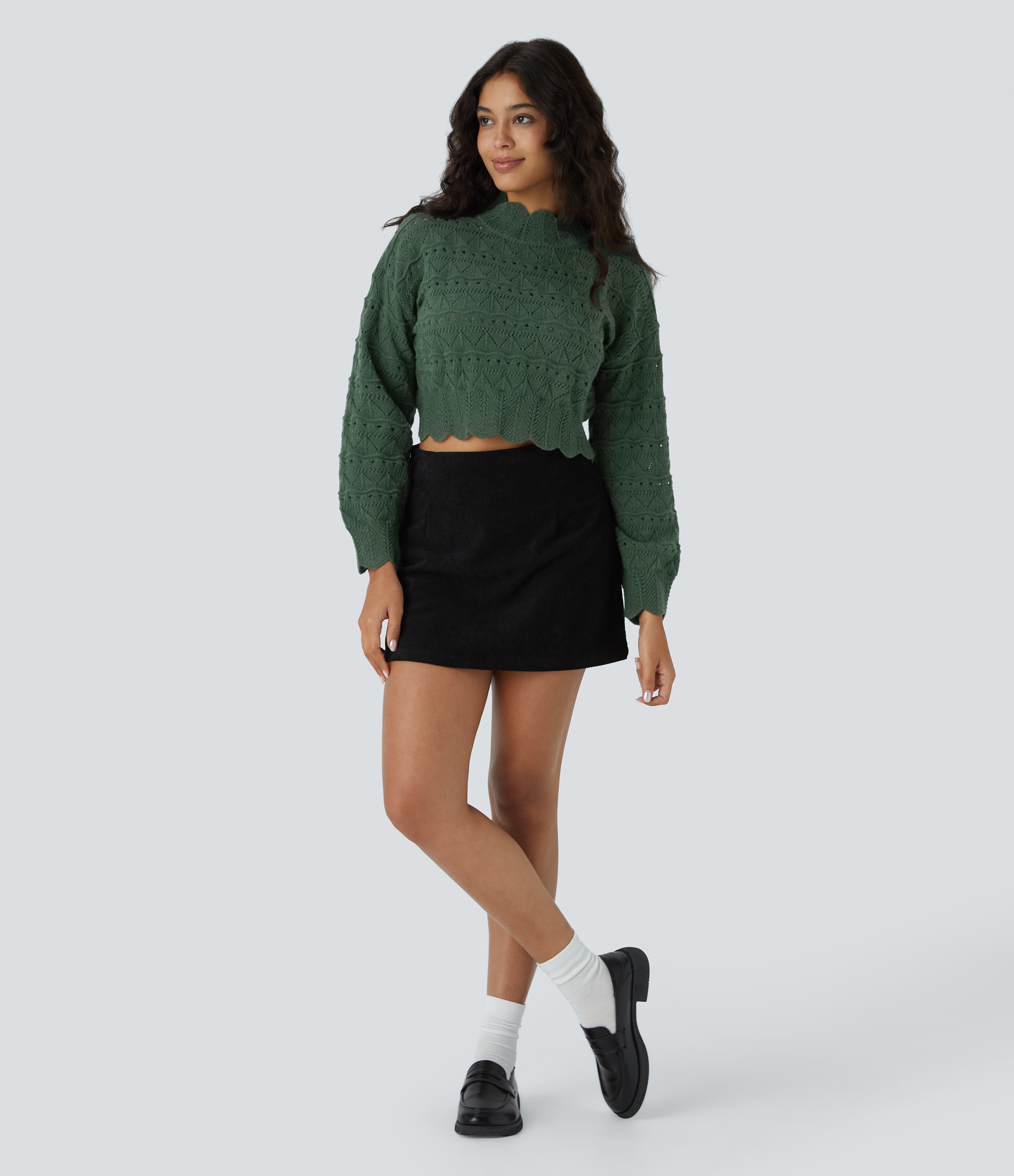Halara Mock Neck Bishop Sleeve Scallop Hem Open Knit Casual Sweater  - Cilantro - XL 