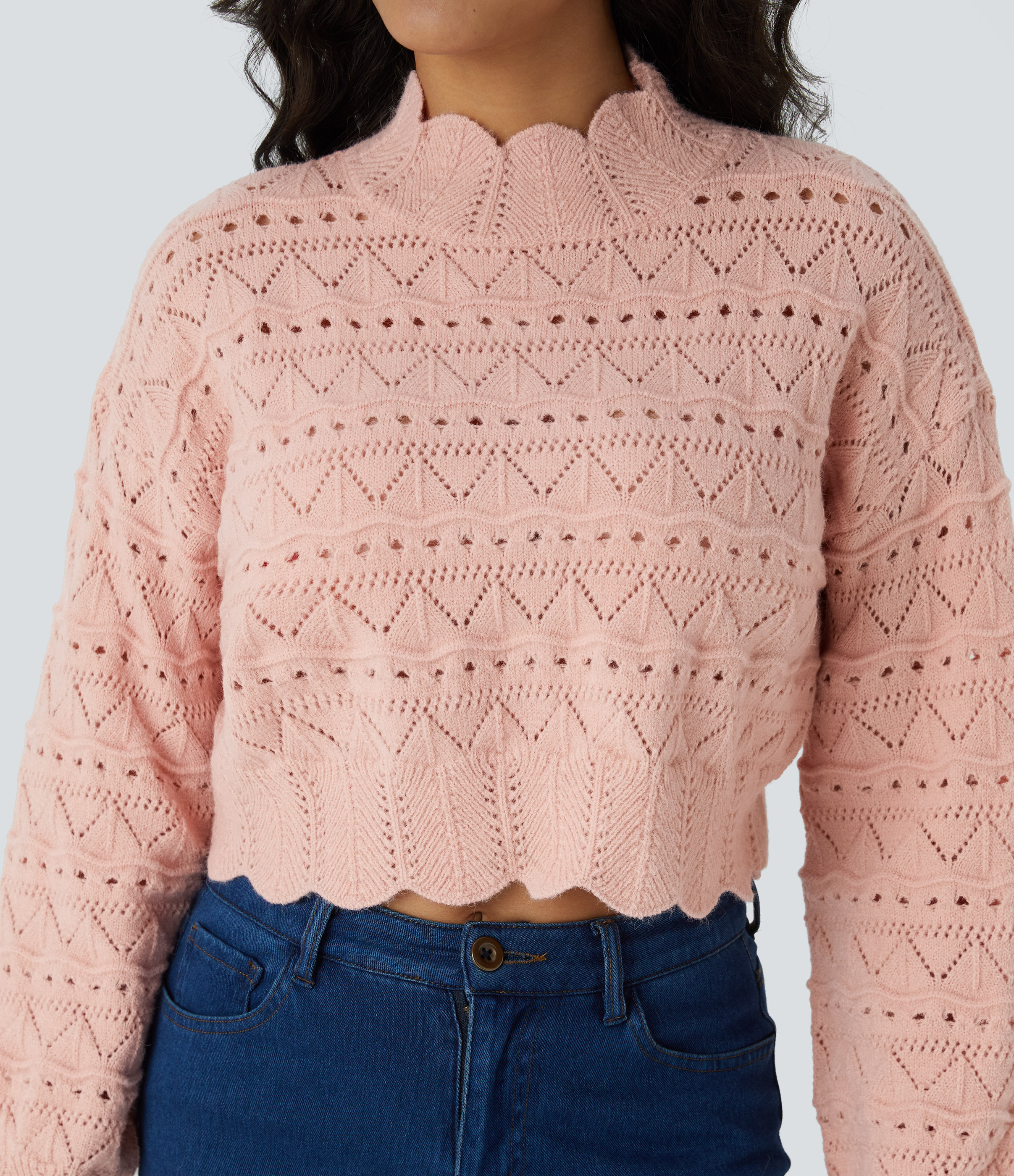 Halara Mock Neck Bishop Sleeve Scallop Hem Open Knit Casual Sweater  - Evening Sand - XS 