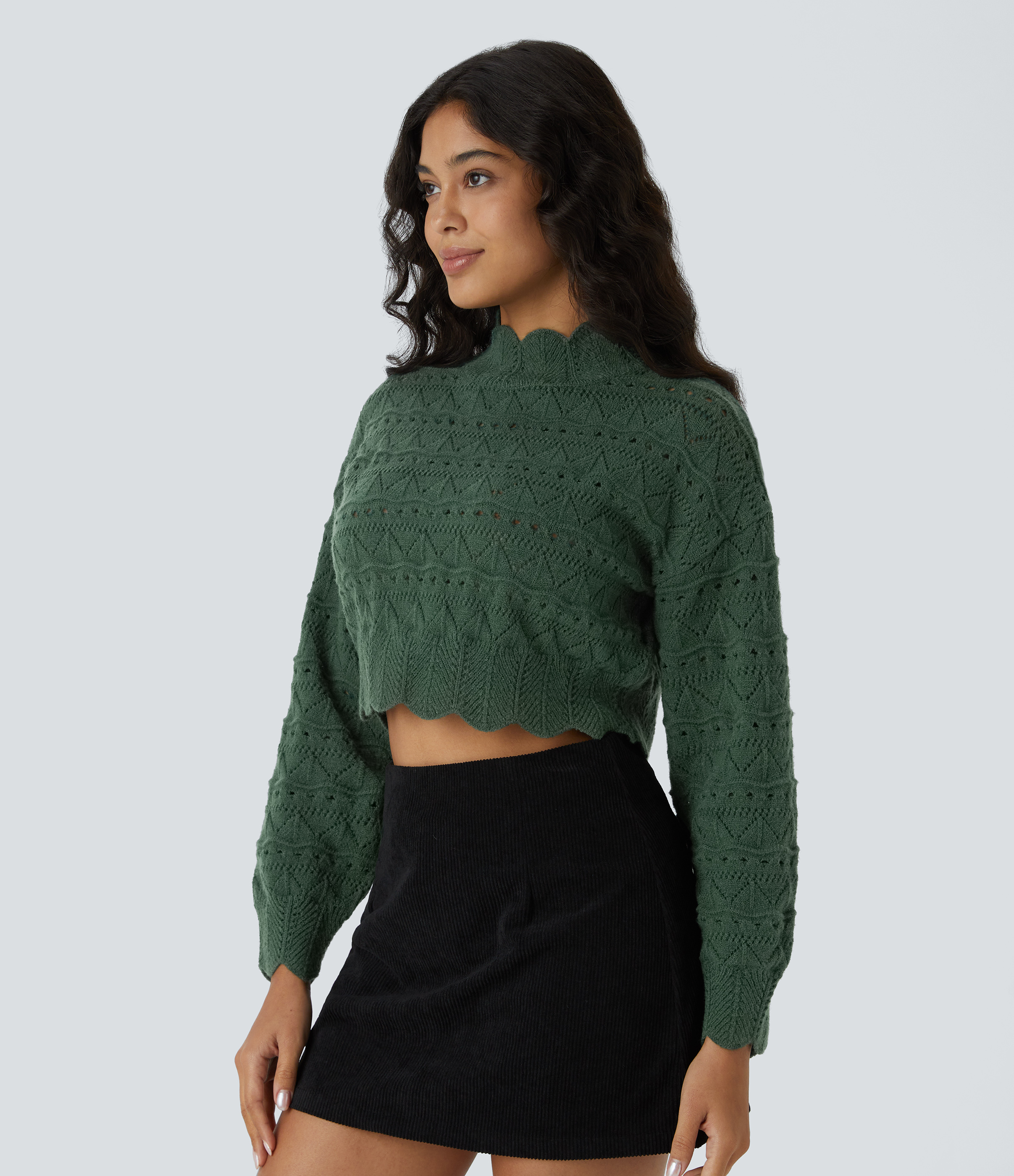 Halara Mock Neck Bishop Sleeve Scallop Hem Open Knit Casual Sweater  - Cilantro - XL 