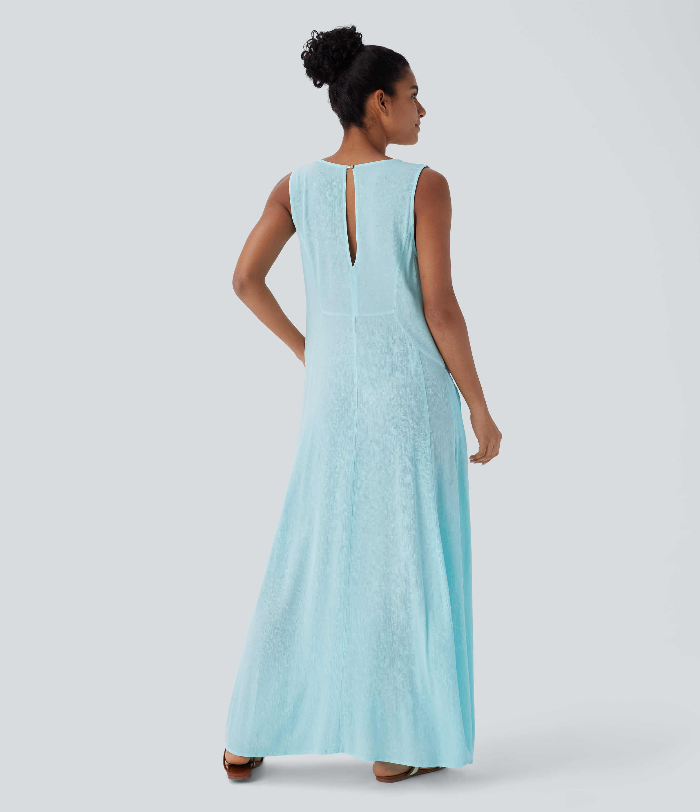 Halara Round Neck Keyhole Back Side Pocket Flowy Maxi Casual Tank Dress Casual Dress - Aqua Blue - M slip dress beach dress ruched dress 