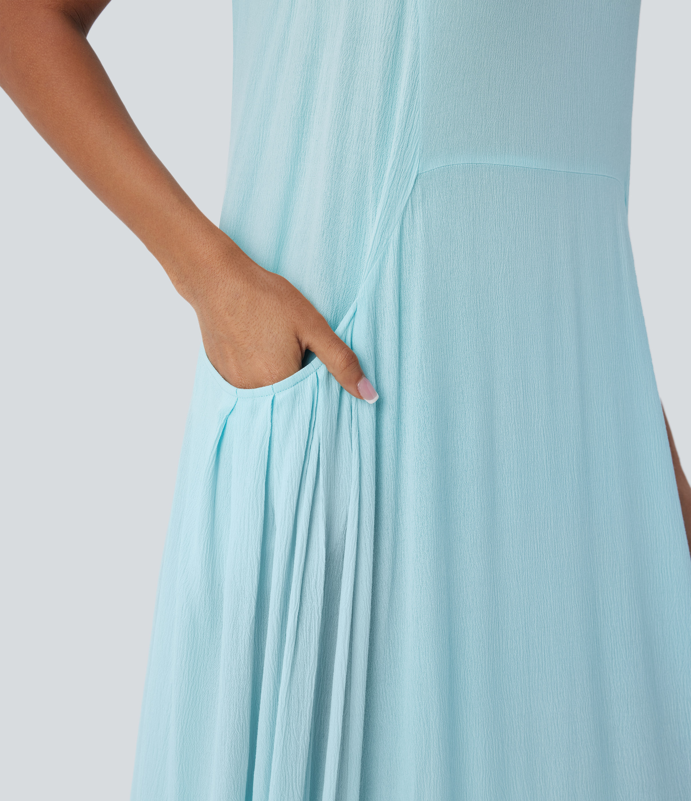 Halara Round Neck Keyhole Back Side Pocket Flowy Maxi Casual Tank Dress Casual Dress - Aqua Blue - M slip dress beach dress ruched dress 