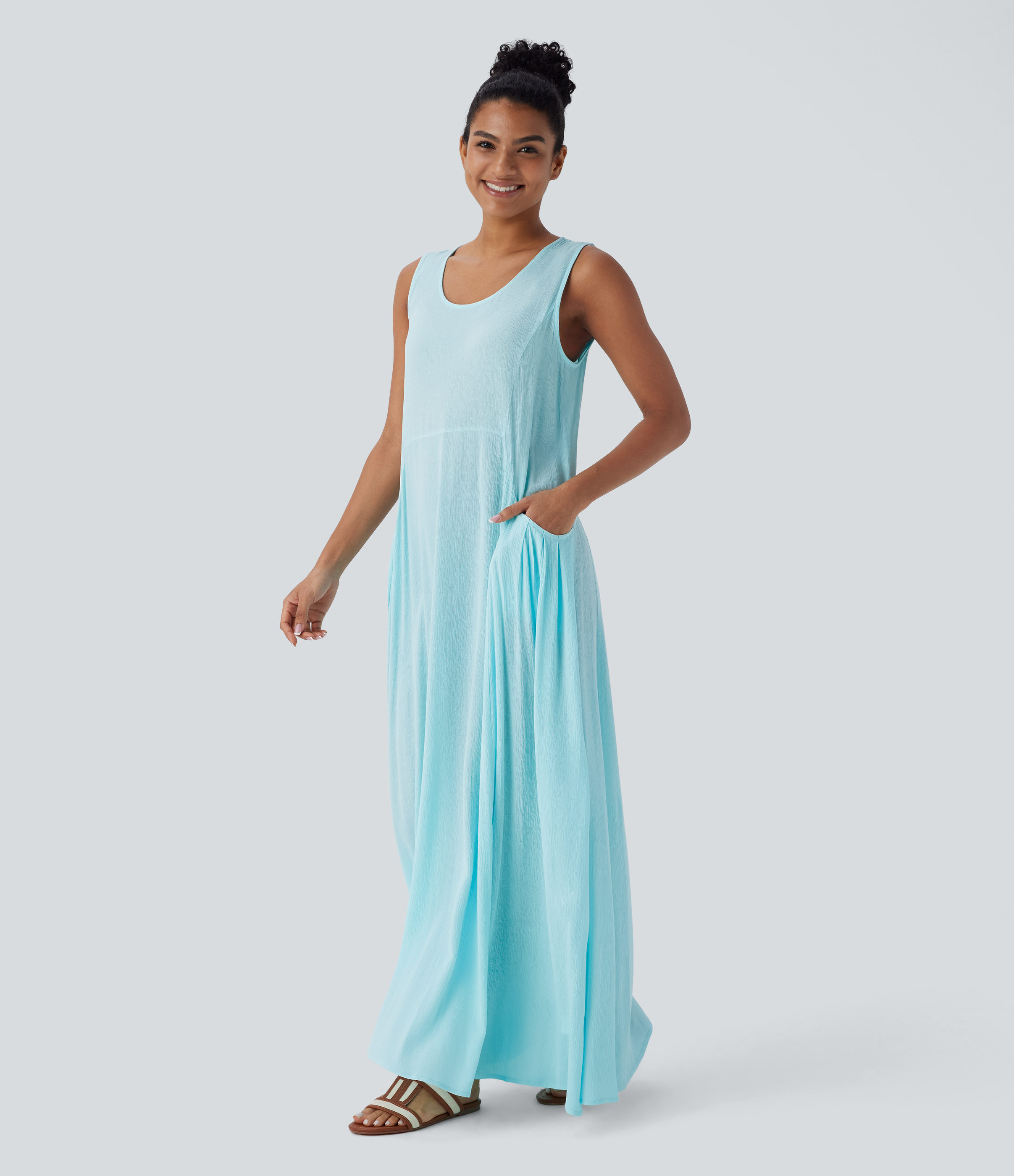 Halara Round Neck Keyhole Back Side Pocket Flowy Maxi Casual Tank Dress Casual Dress - Aqua Blue - M slip dress beach dress ruched dress 