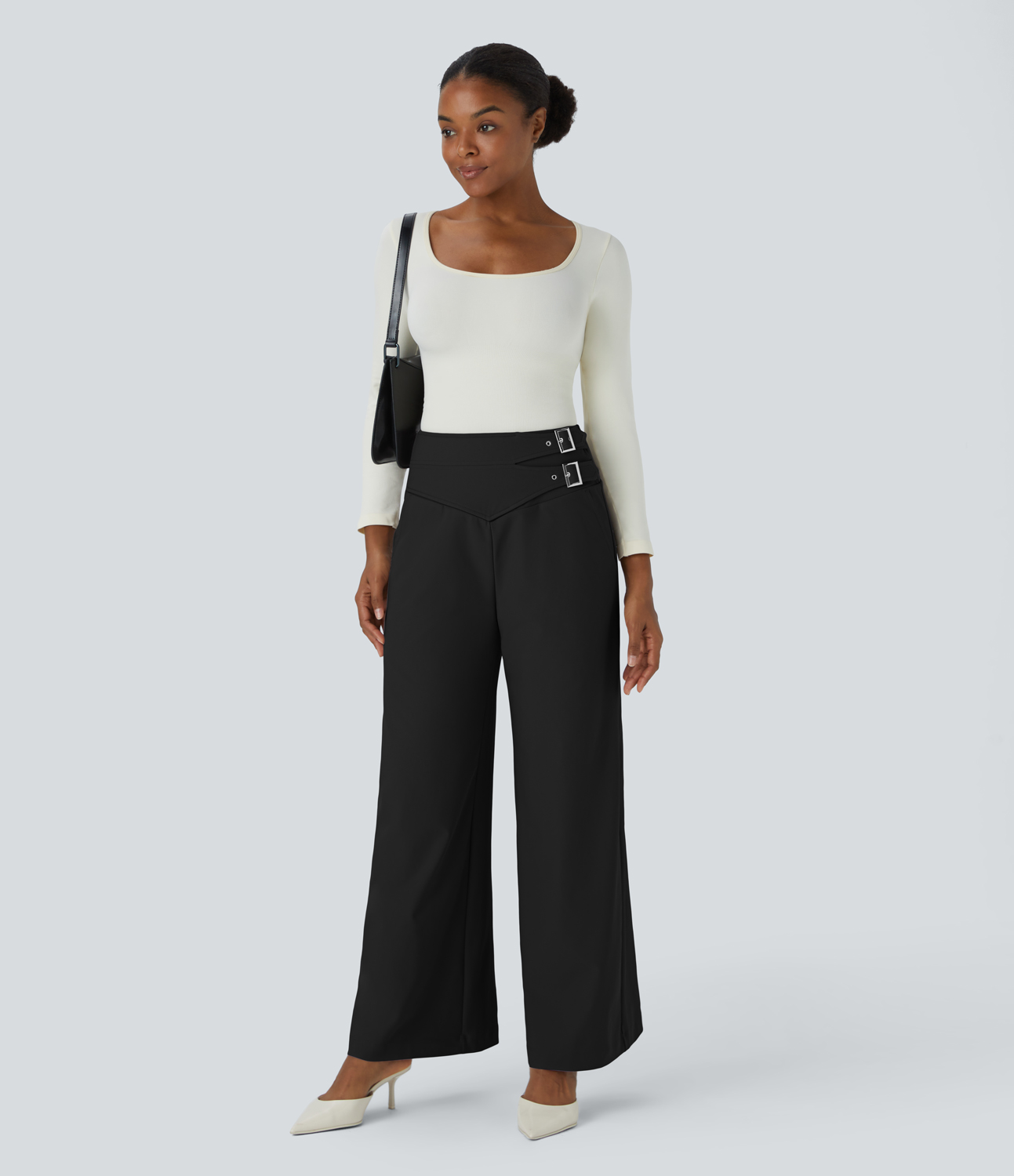Halara Halara Flexв„ў High Waisted Decorative Buckle Side Pocket Wide Leg Twill Work Pants  - Black - S(regular) 