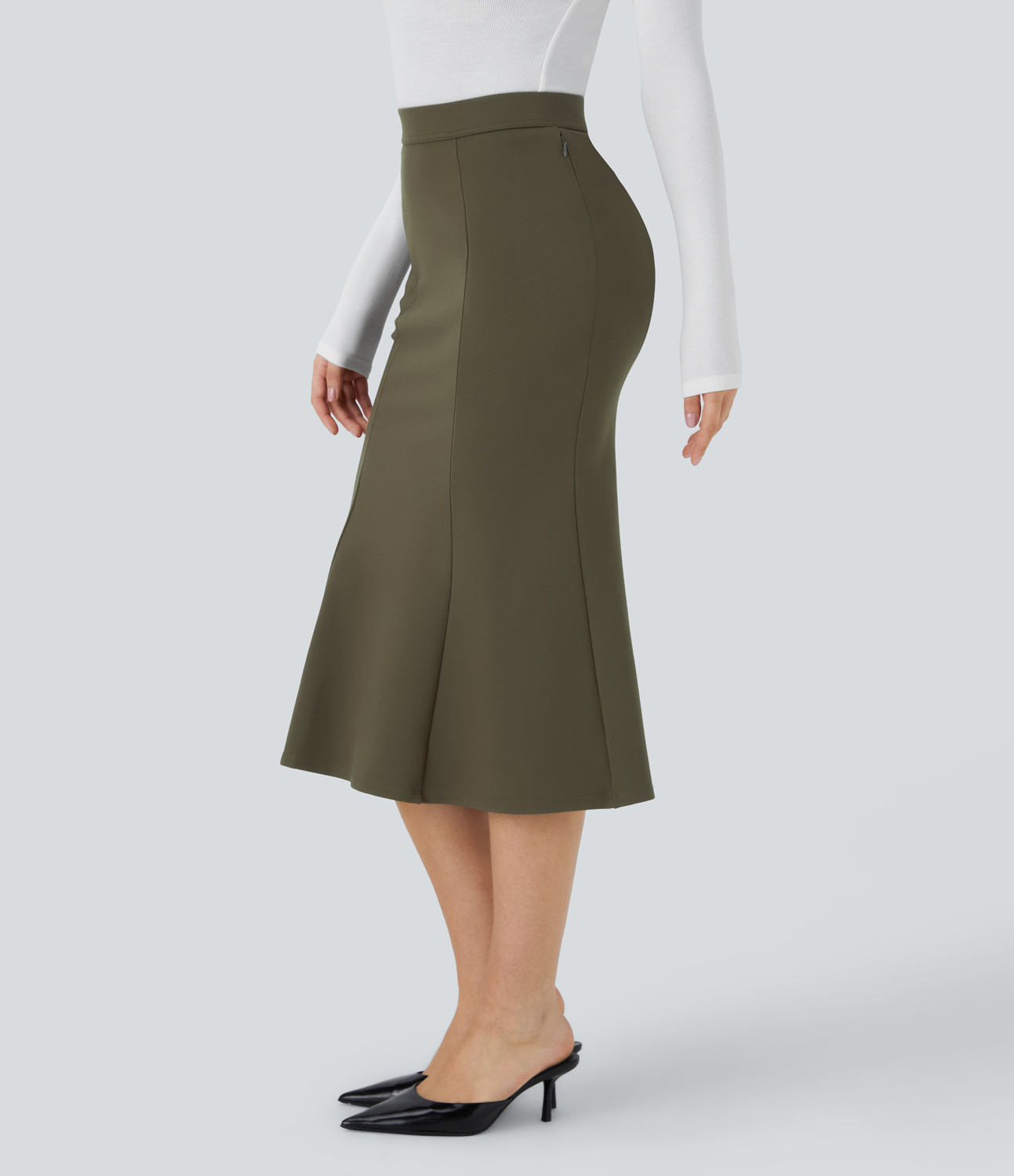Halara High Waisted Side Zip Pocket Midi Work Mermaid Skirt  - Forest Wild Brown - S(regular) 