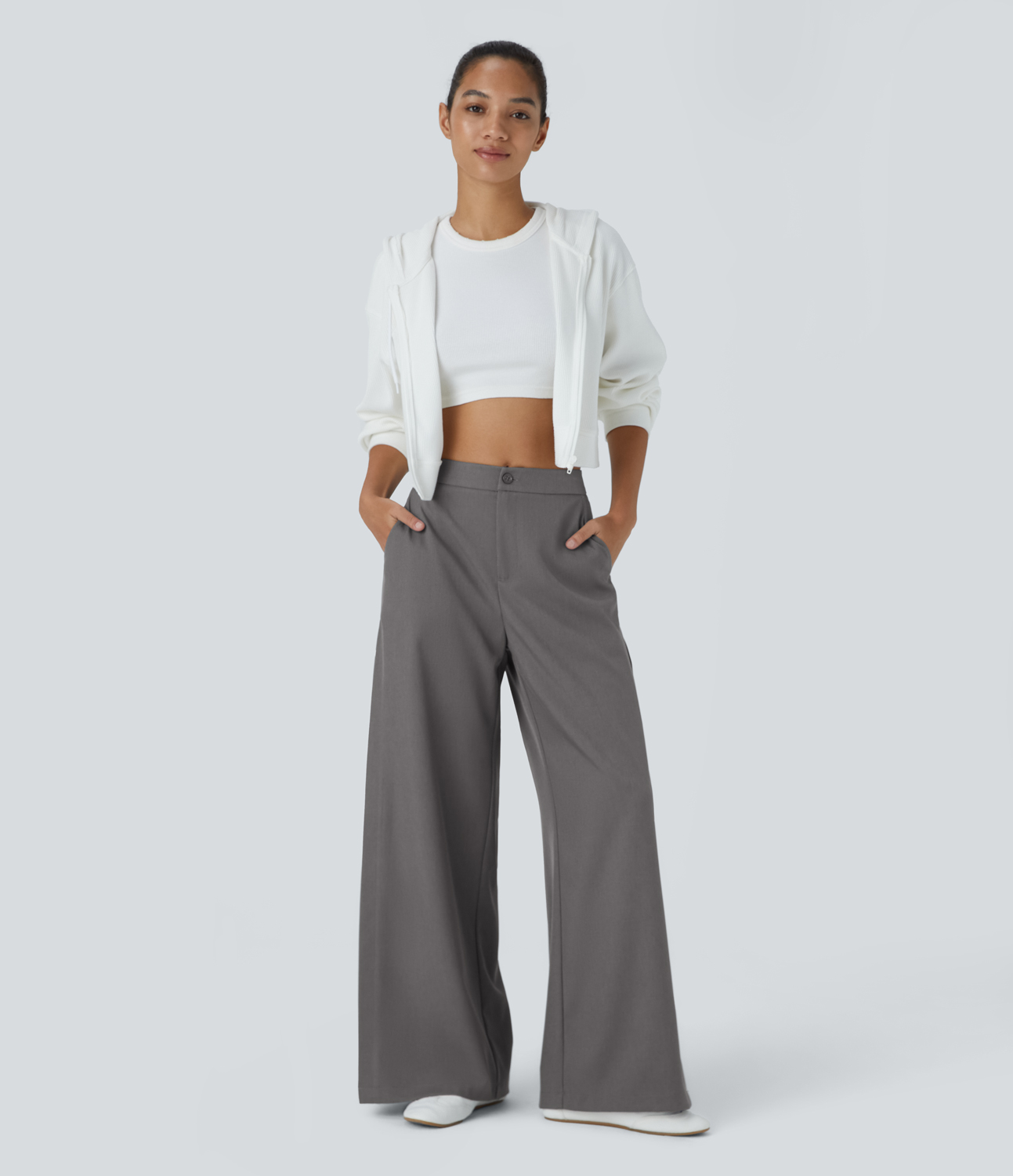 Halara Mid Rise Button Zipper Side Pocket Wide Leg Casual Pants  - Charcoal Gray - L(regular) sweatpants jogger pants stacked sweatpants 