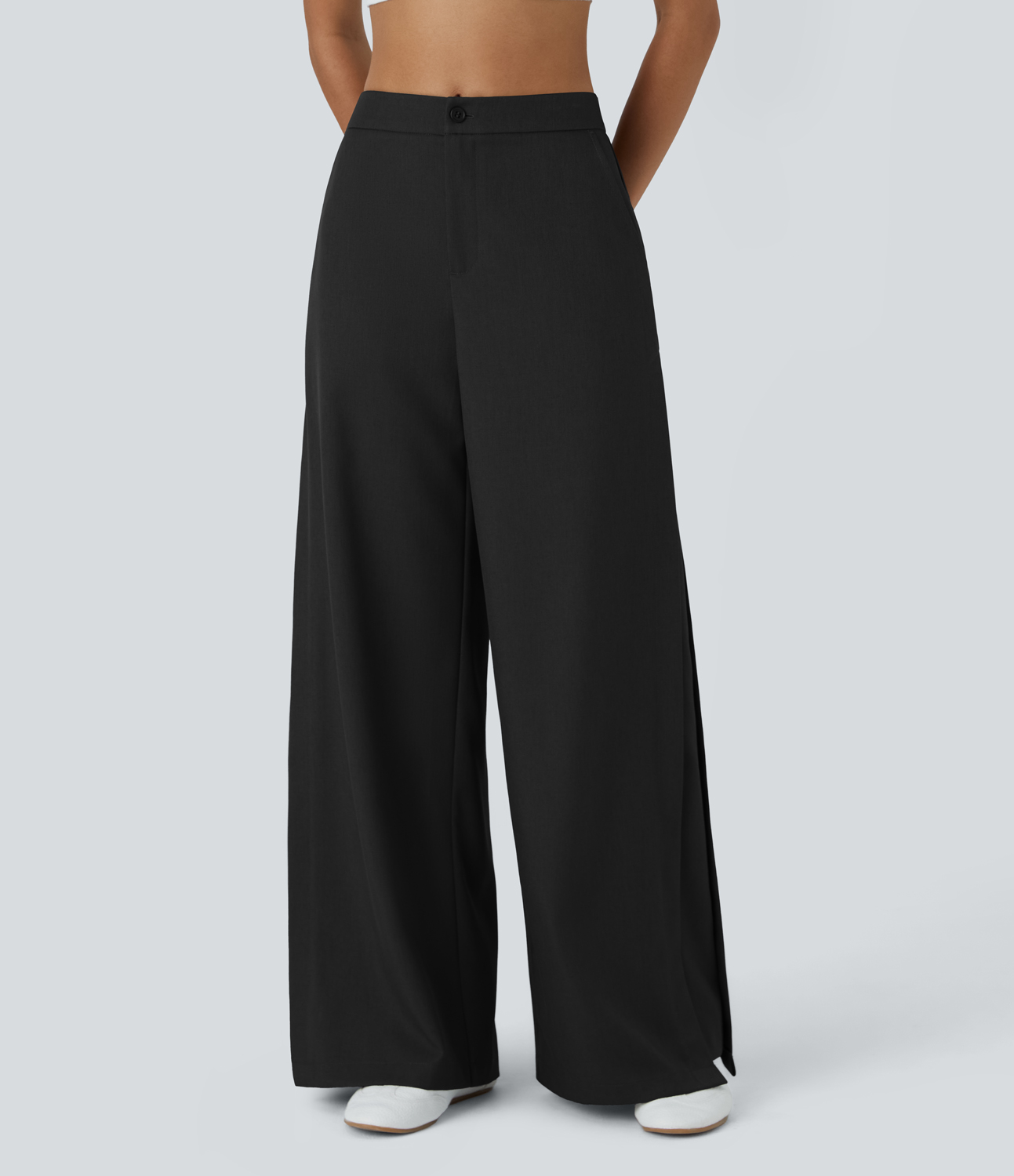 Halara Mid Rise Button Zipper Side Pocket Wide Leg Casual Pants  - Black - XL(regular) sweatpants jogger pants stacked sweatpants 