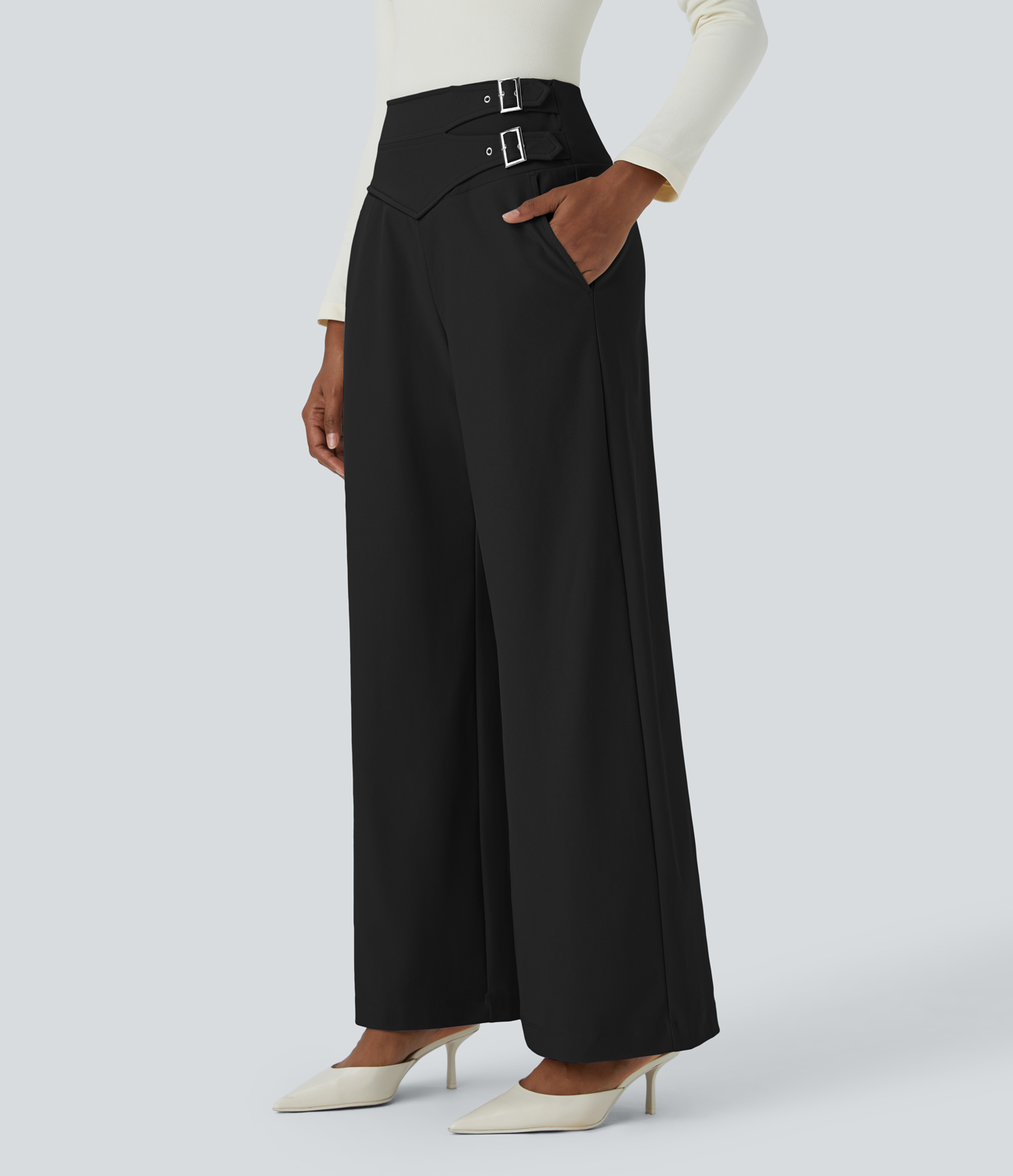 Halara Halara Flexв„ў High Waisted Decorative Buckle Side Pocket Wide Leg Twill Work Pants  - Black - S(regular) 