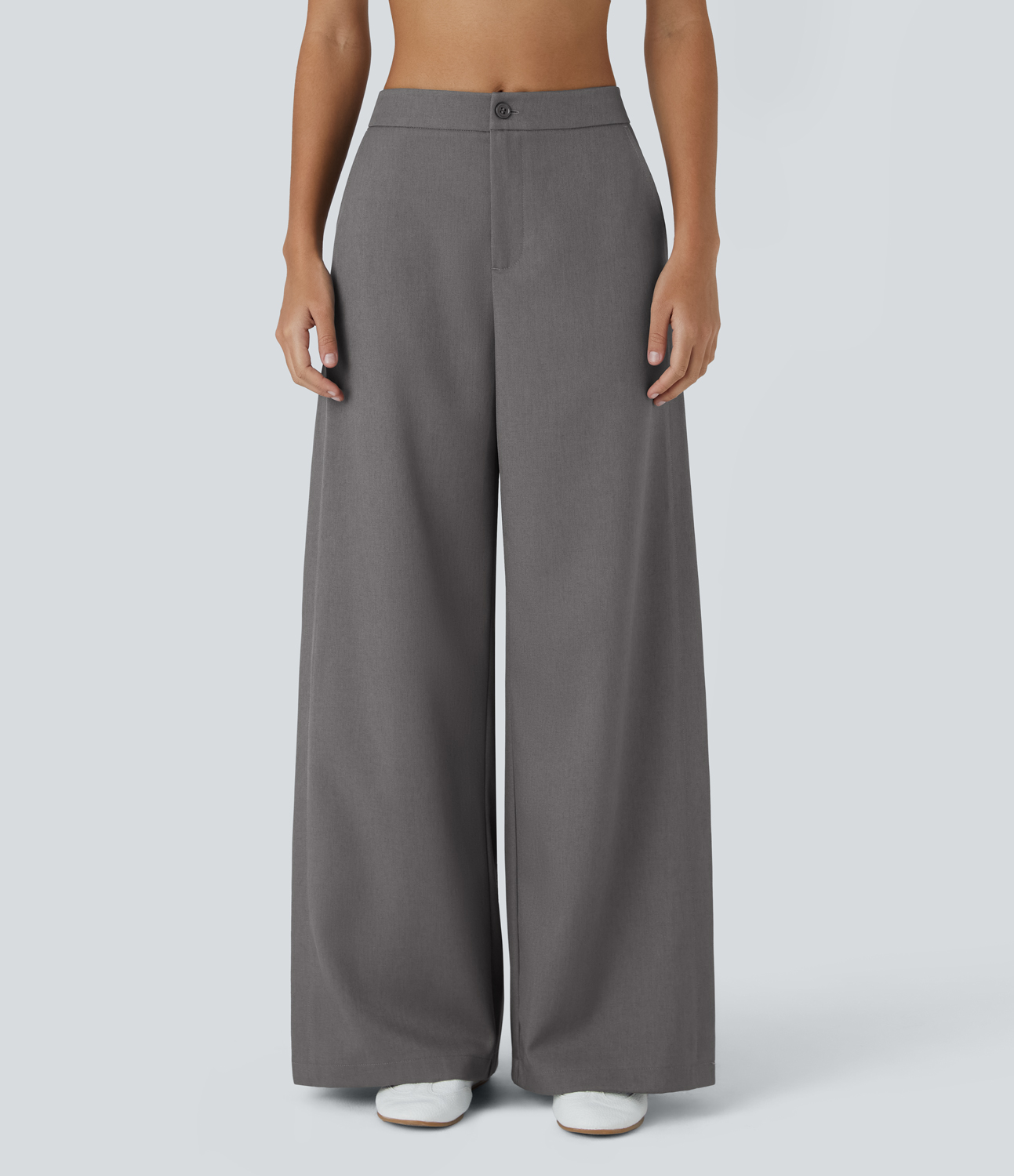 Halara Mid Rise Button Zipper Side Pocket Wide Leg Casual Pants  - Charcoal Gray - L(regular) sweatpants jogger pants stacked sweatpants 