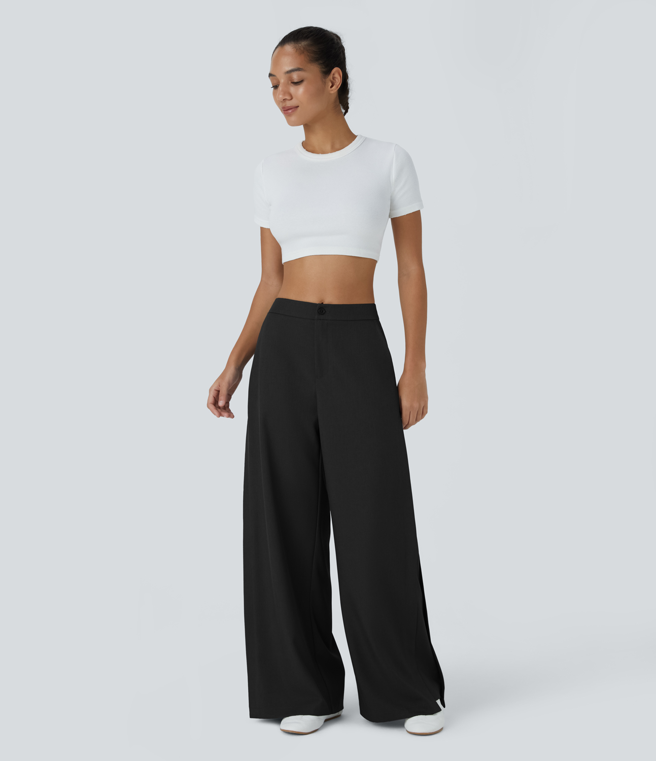 Halara Mid Rise Button Zipper Side Pocket Wide Leg Casual Pants  - Black - XL(regular) sweatpants jogger pants stacked sweatpants 