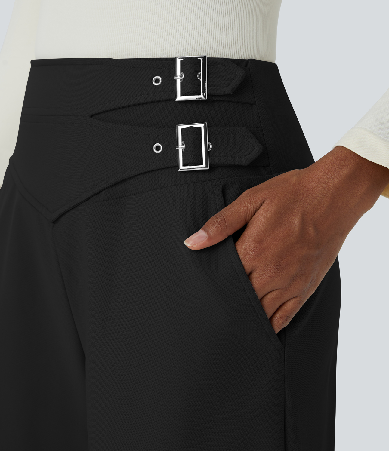 Halara Halara Flexв„ў High Waisted Decorative Buckle Side Pocket Wide Leg Twill Work Pants  - Black - S(regular) 