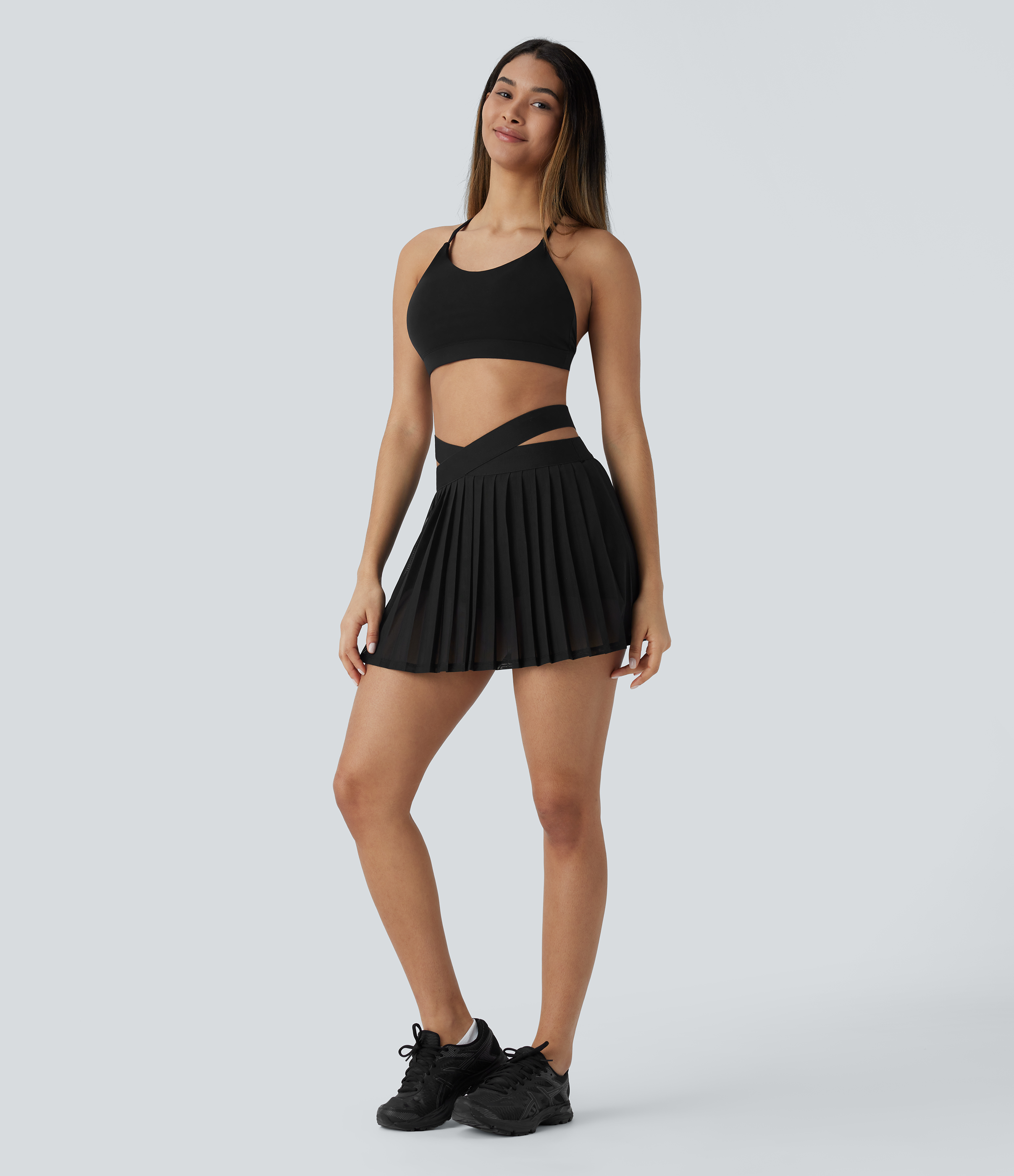 Halara High Waisted Crossover 2-in-1 Side Pocket Contrast Mesh Pleated Mini Yoga Skirt  - Black - XS(regular) midi skirt a line skirt 