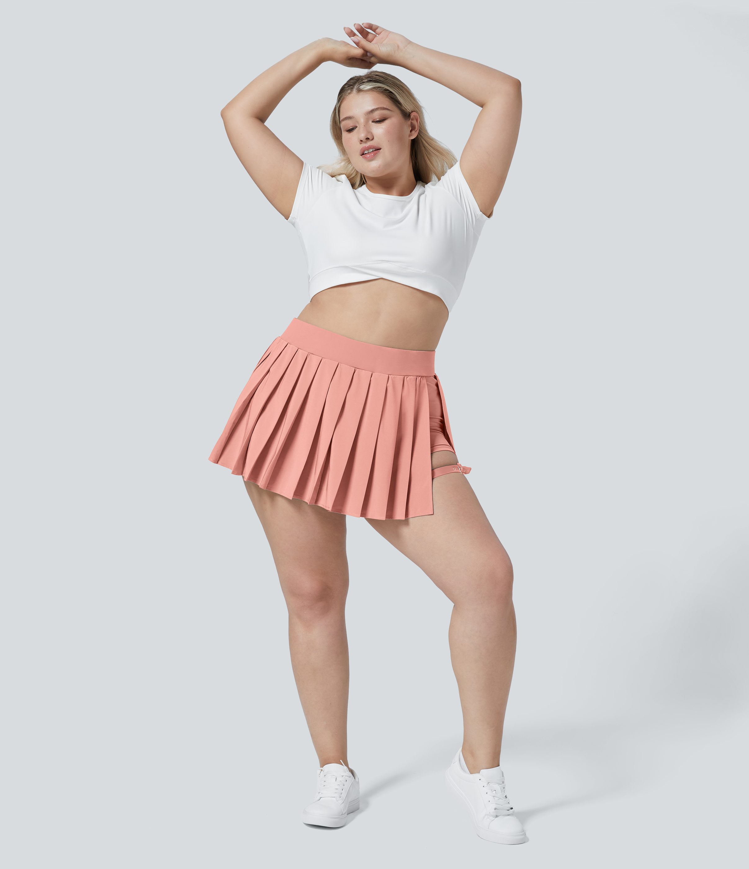 Halara Breezefulв„ў High Waisted Pleated 2-in-1 Side Pocket Adjustable Buckle Quick Dry Mini Casual Plus Size Skirt  - Peach Melba - 1X(regular) 