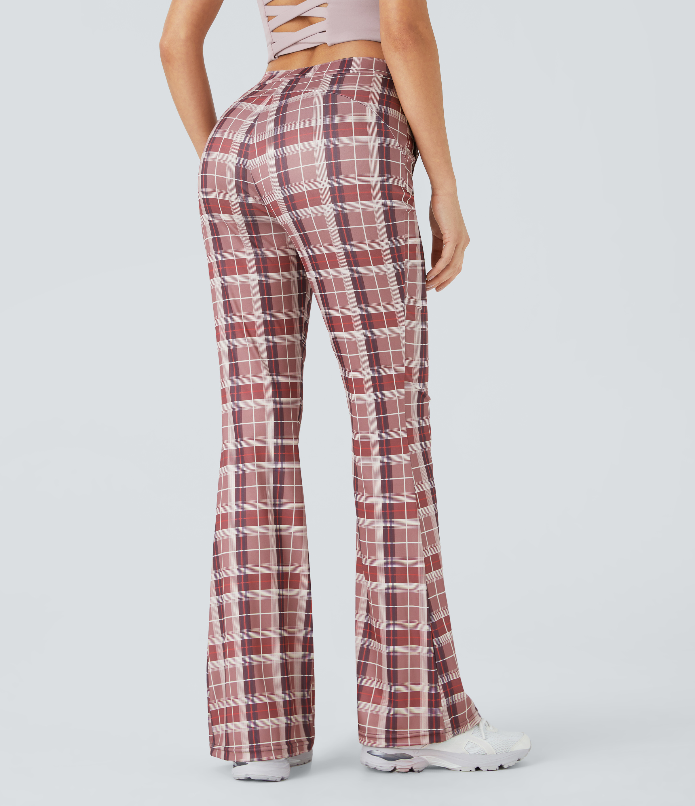 Halara High Waisted Pocket Plaid Flare Casual Pants  - Rose Pink Plaid - M 