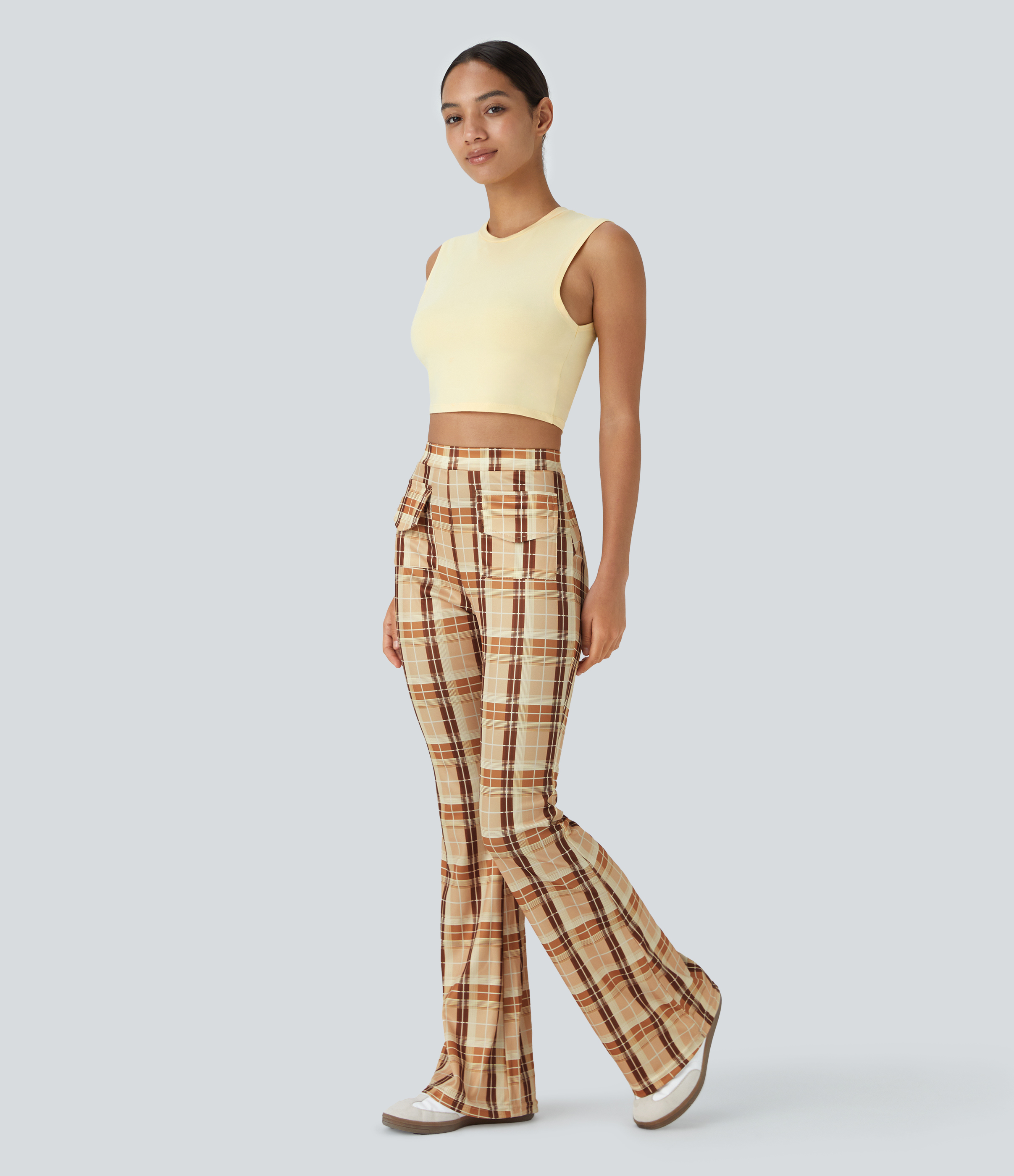 Halara High Waisted Pocket Plaid Flare Casual Pants  - Light Yellow Plaid - M 