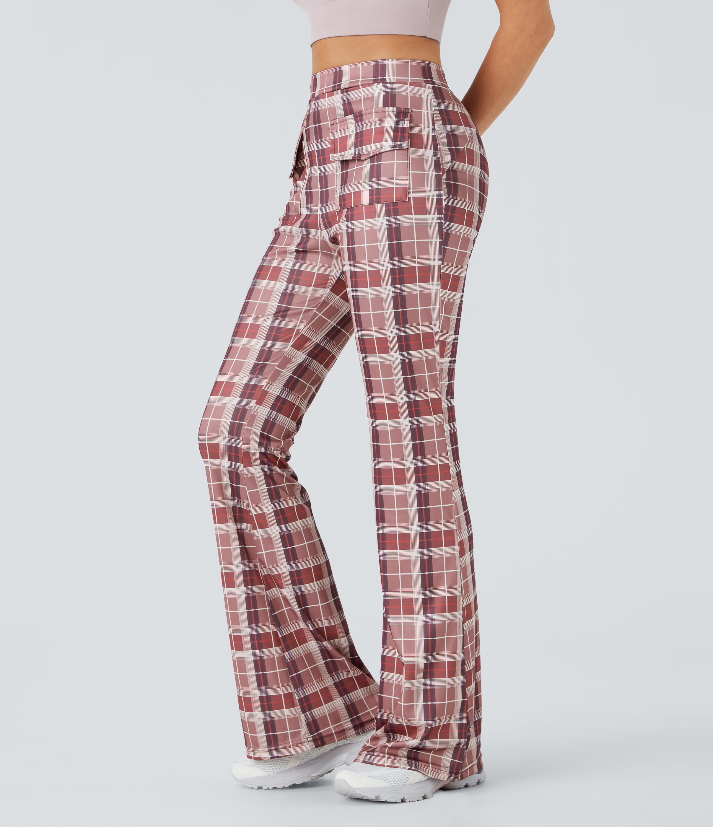 Halara High Waisted Pocket Plaid Flare Casual Pants  - Rose Pink Plaid - M 