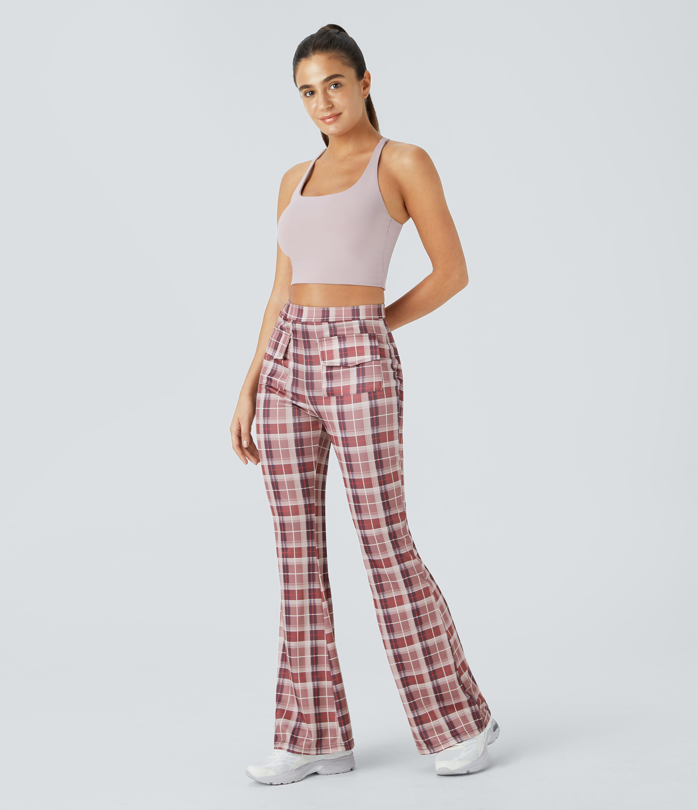 Halara High Waisted Pocket Plaid Flare Casual Pants  - Rose Pink Plaid - M 