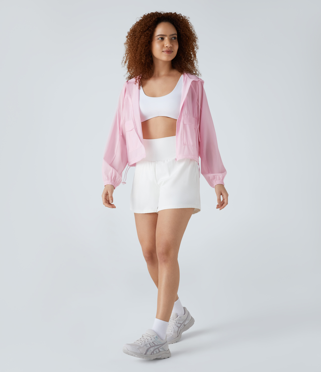 Halara Hooded Zipper Front Pocket Drawstring Hem Sheer Mesh Hiking Jacket  - Ballerina - M 
