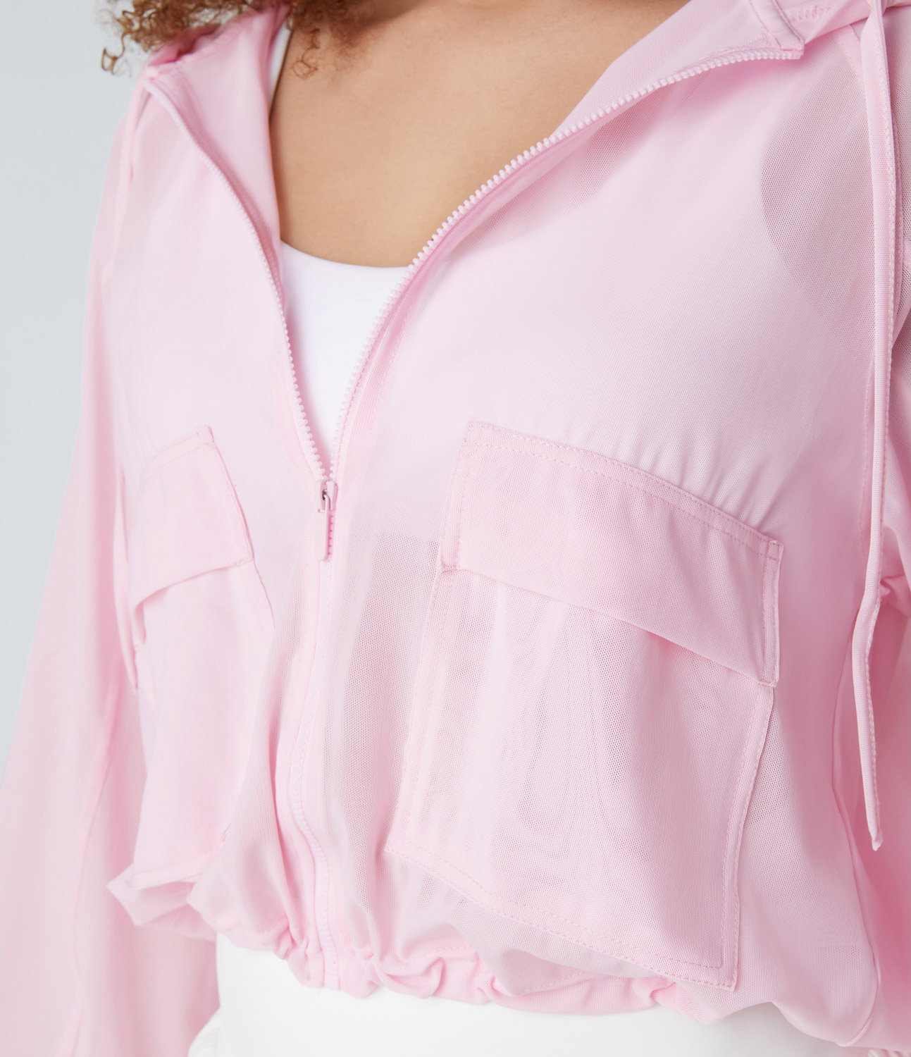 Halara Hooded Zipper Front Pocket Drawstring Hem Sheer Mesh Hiking Jacket  - Ballerina - M 