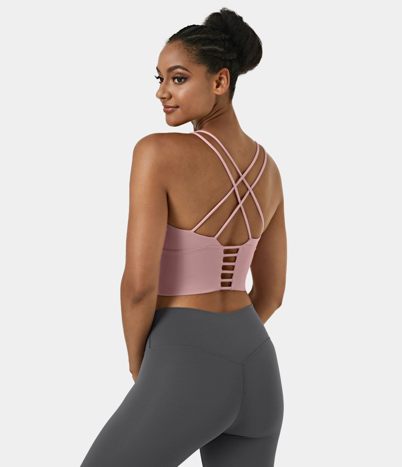 

Halara Low Support Backless Crisscross U Neck Longline Yoga Sports Bra - Flower Child - Baby Pink -  push up bra strapless bra backless bra