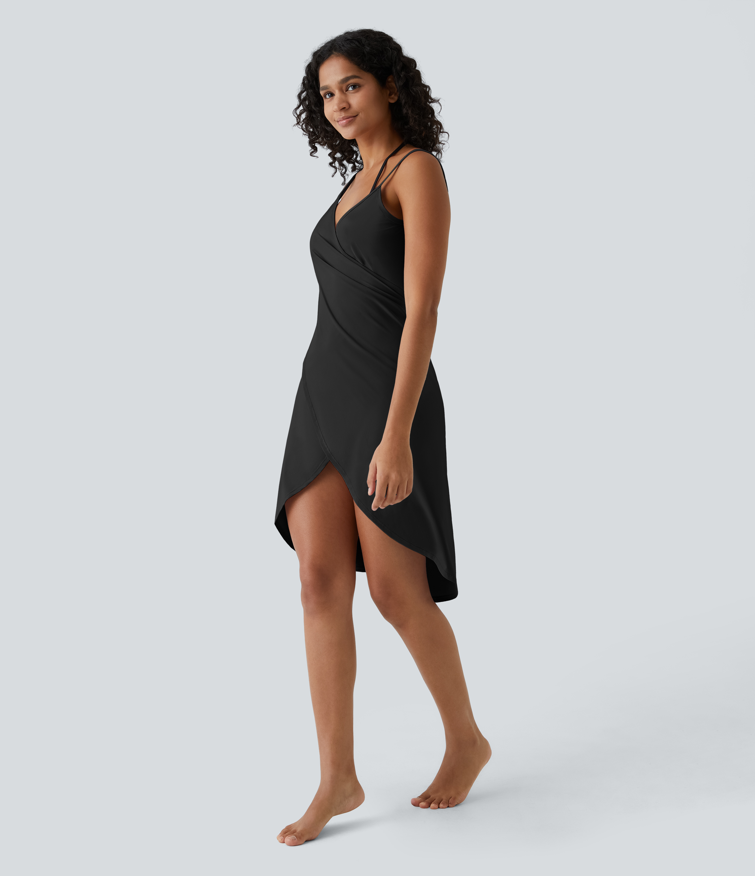 Halara Spaghetti Strap Crossover Backless Cover Up Wrap Cool Touch Resort Dress Casual Dress - Black - S slip dress beach dress ruched dress 