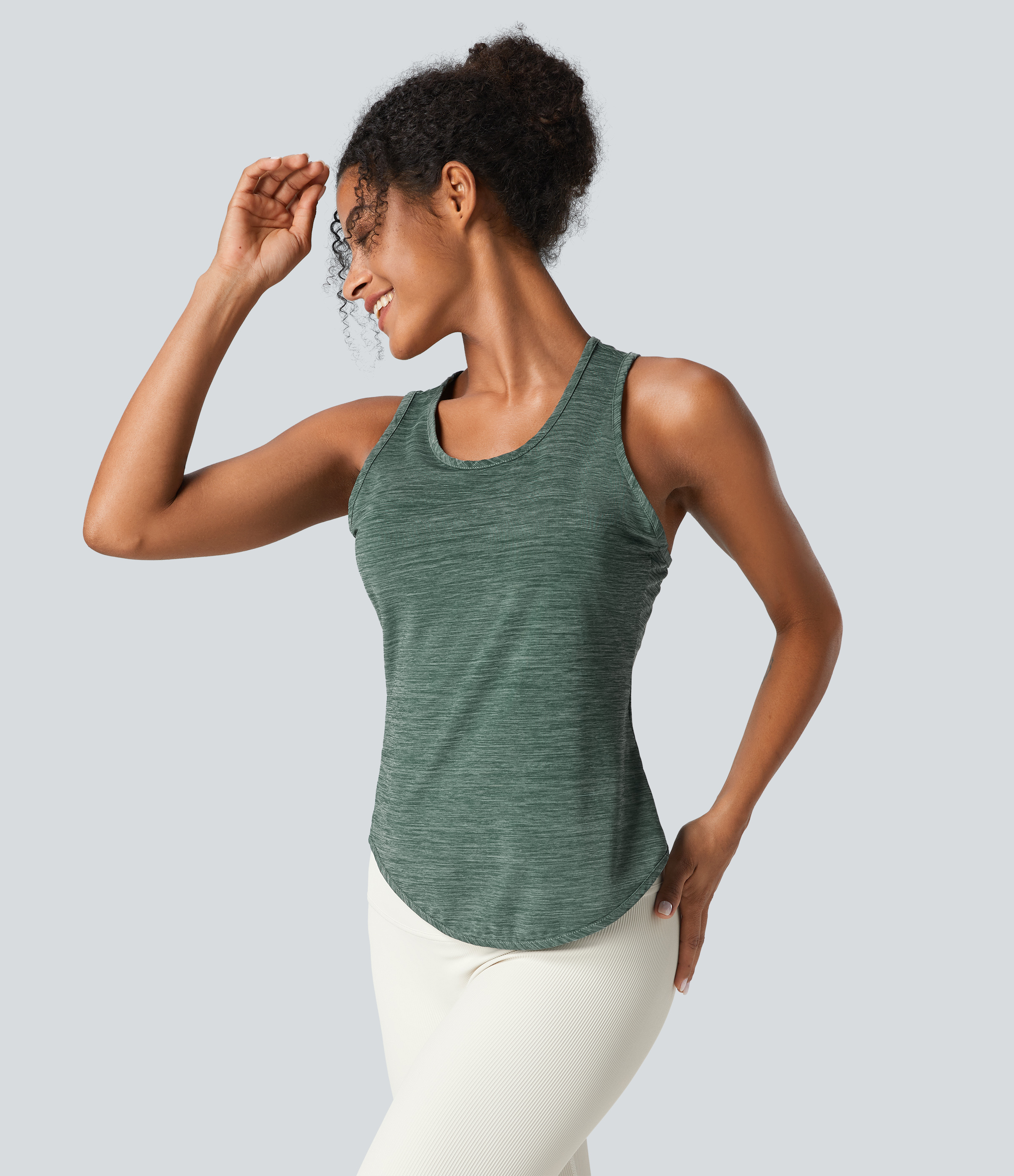 Halara Crisscross Back Curved Hem Yoga Tank Top Tank Top - Green Texture - XS golf tops halter top tunic tops sleeveless tops backless top 